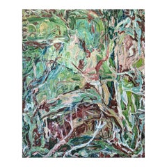 “That Against This, Why” Contemporary Gestural Green & Red Abstract Painting