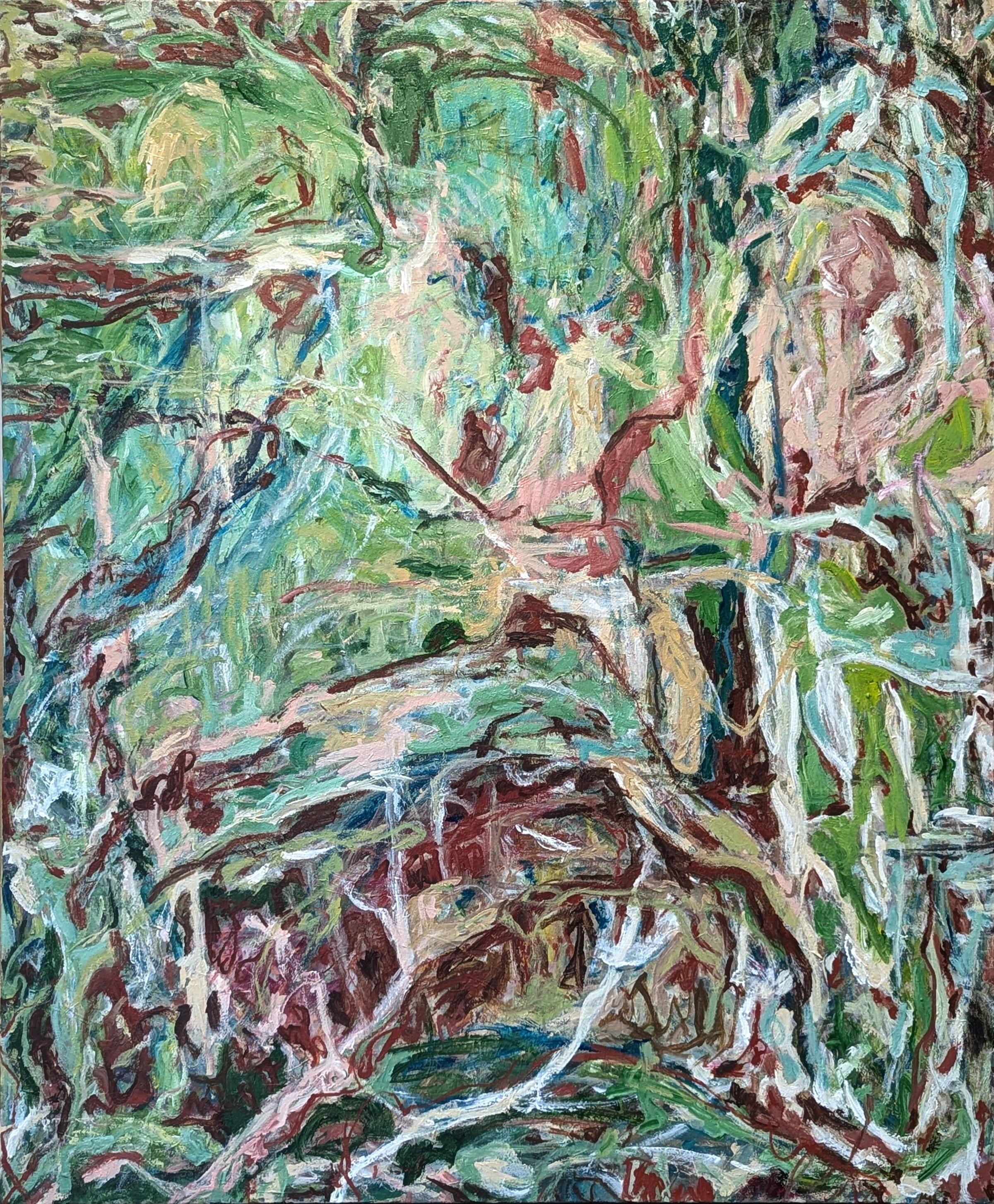 Contemporary green and red toned gestural abstract expressionist painting by Houston based artist Kristi Haines Herman. The work features layers of swirling brushwork in various green and red tones. Signed, titled, and dated on the reverse.