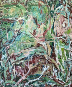 “That Against This, Why” Contemporary Gestural Green & Red Abstract Painting