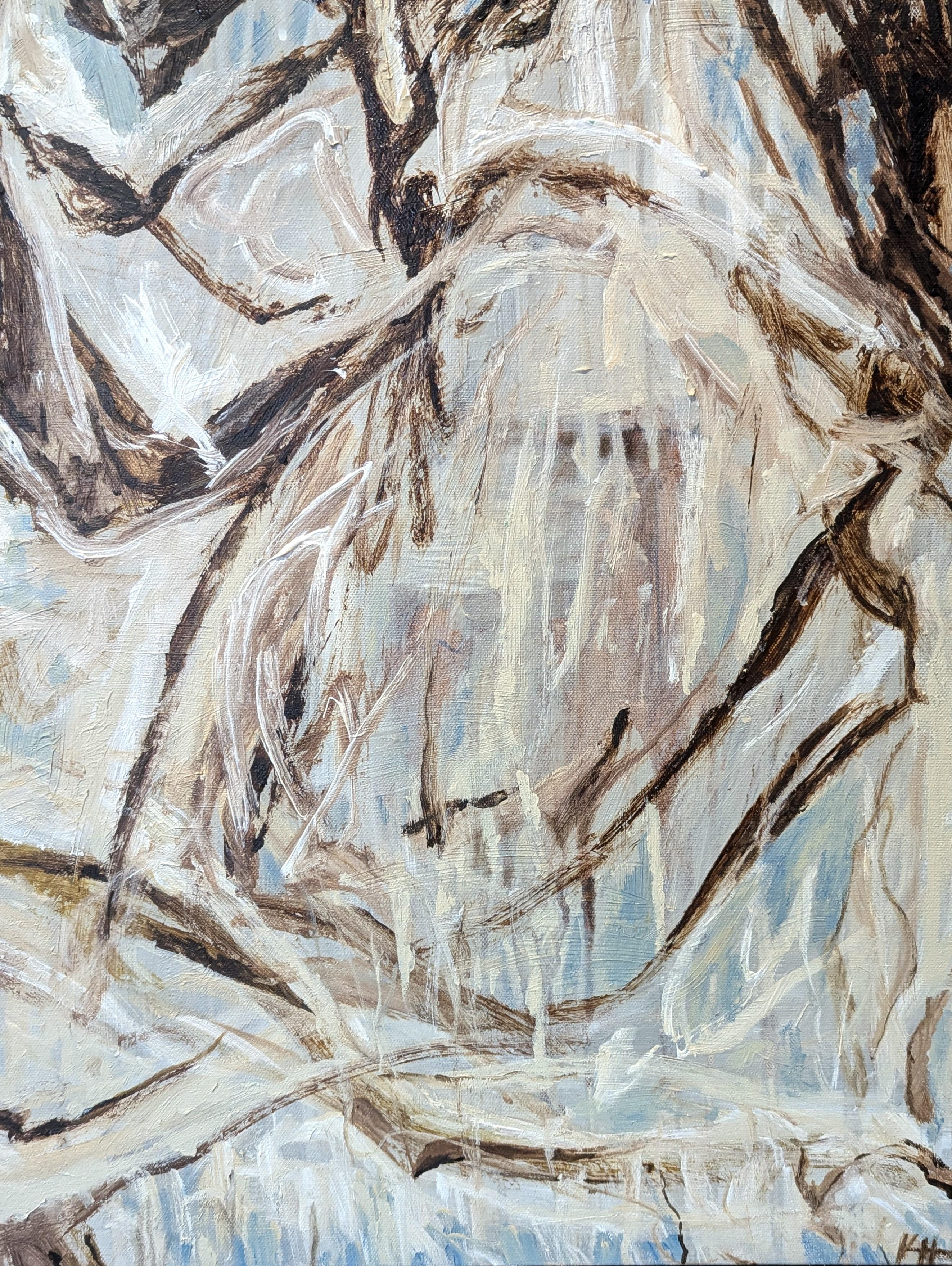 Pittura contemporanea espressionista astratta gestuale dai toni neutri dell'artista di Houston Kristi Haines Herman. L'opera presenta strati di pennellate vorticose in varie tonalità di grigio e marrone. Firmato, intitolato e datato sul retro.