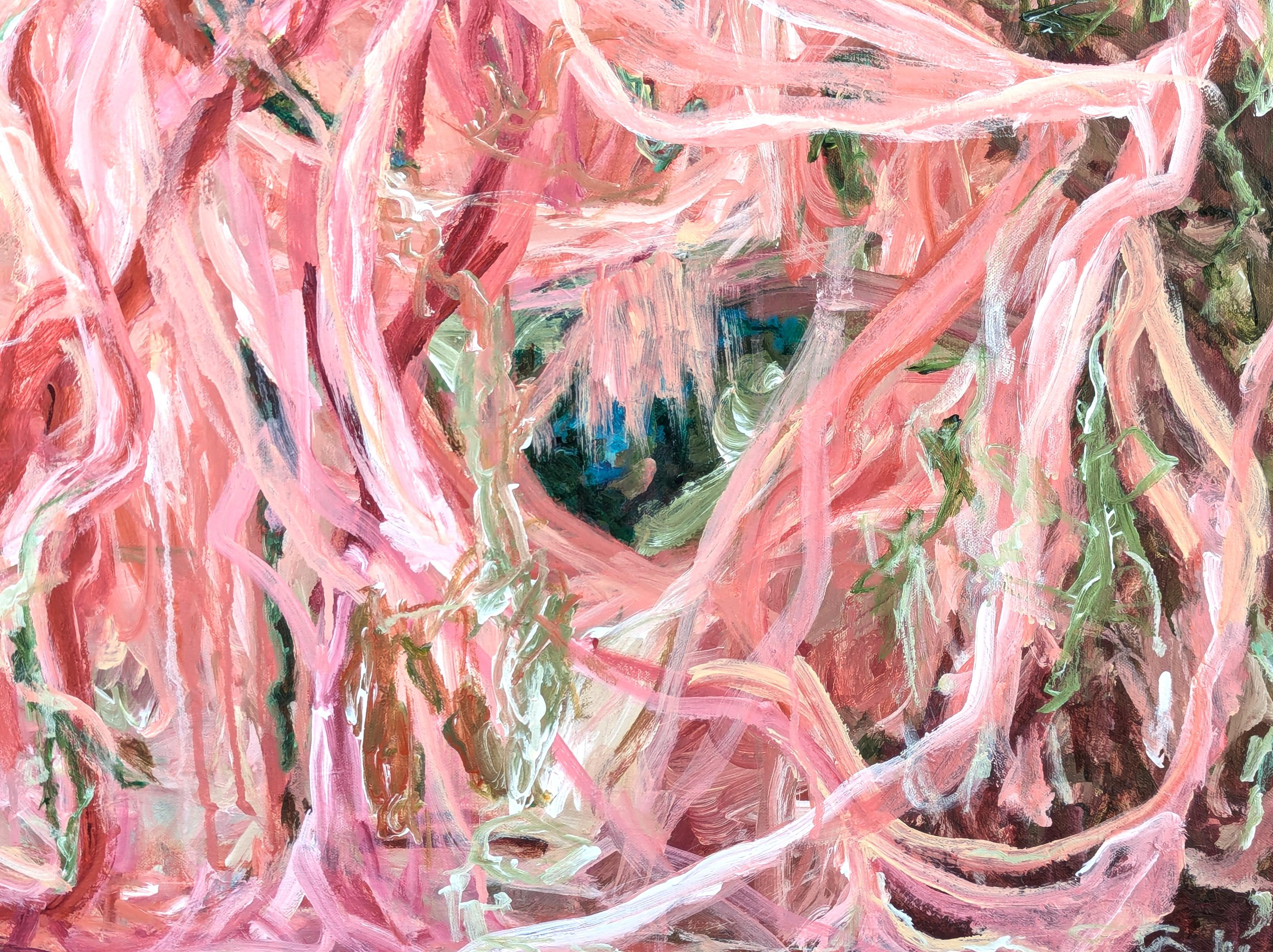 Quadro espressionista astratto gestuale contemporaneo di colore rosa dell'artista di Houston Kristi Haines Herman. L'opera presenta strati di pennellate vorticose nei toni del rosa e del verde. Firmato, intitolato e datato sul retro. Attualmente non