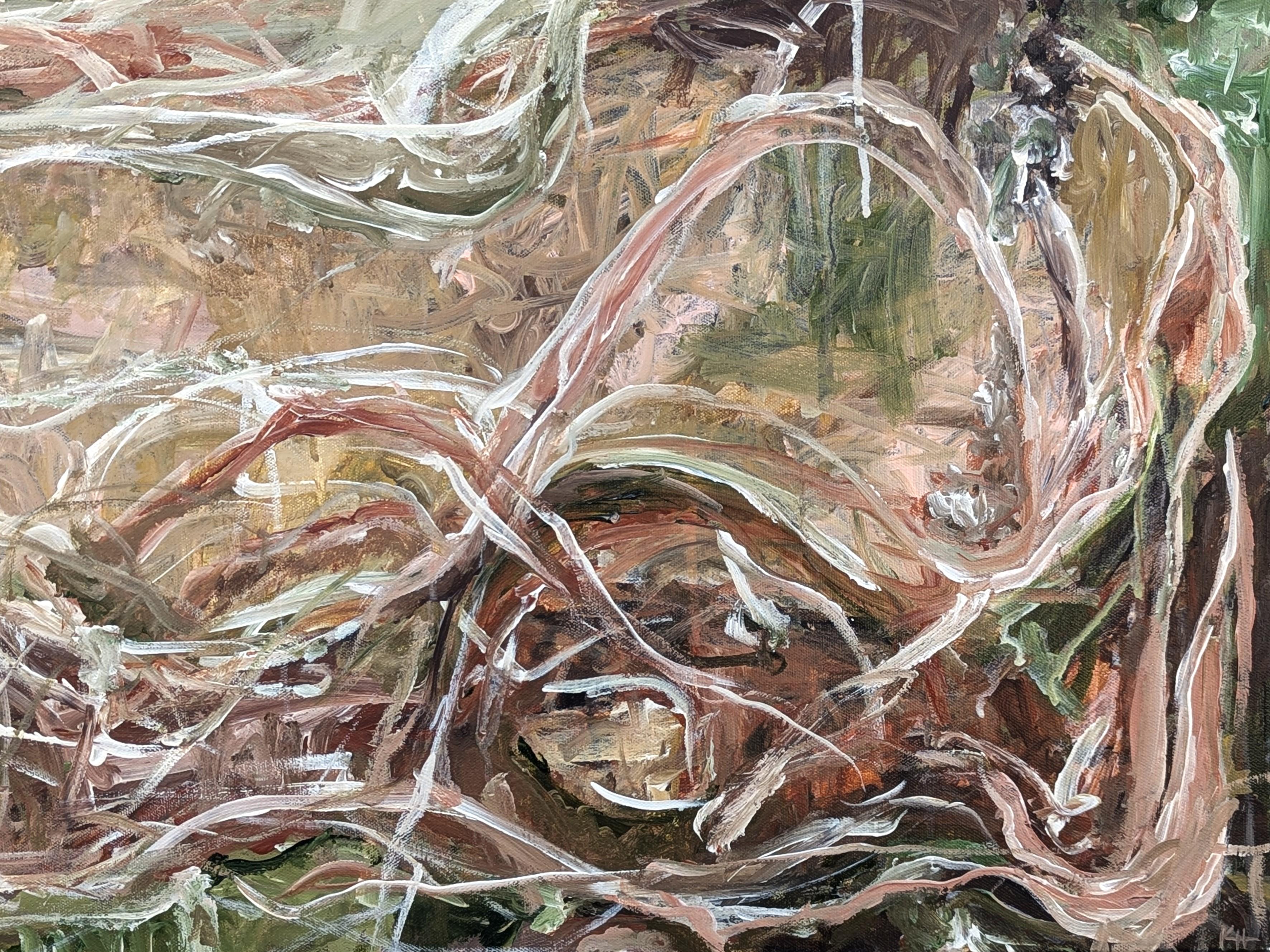 Quadro gestuale astratto espressionista contemporaneo di colore verde e pesca dell'artista di Houston Kristi Haines Herman. L'opera presenta strati di pennellate vorticose nei toni del verde, del pesca e del bianco. Firmato, intitolato e datato sul