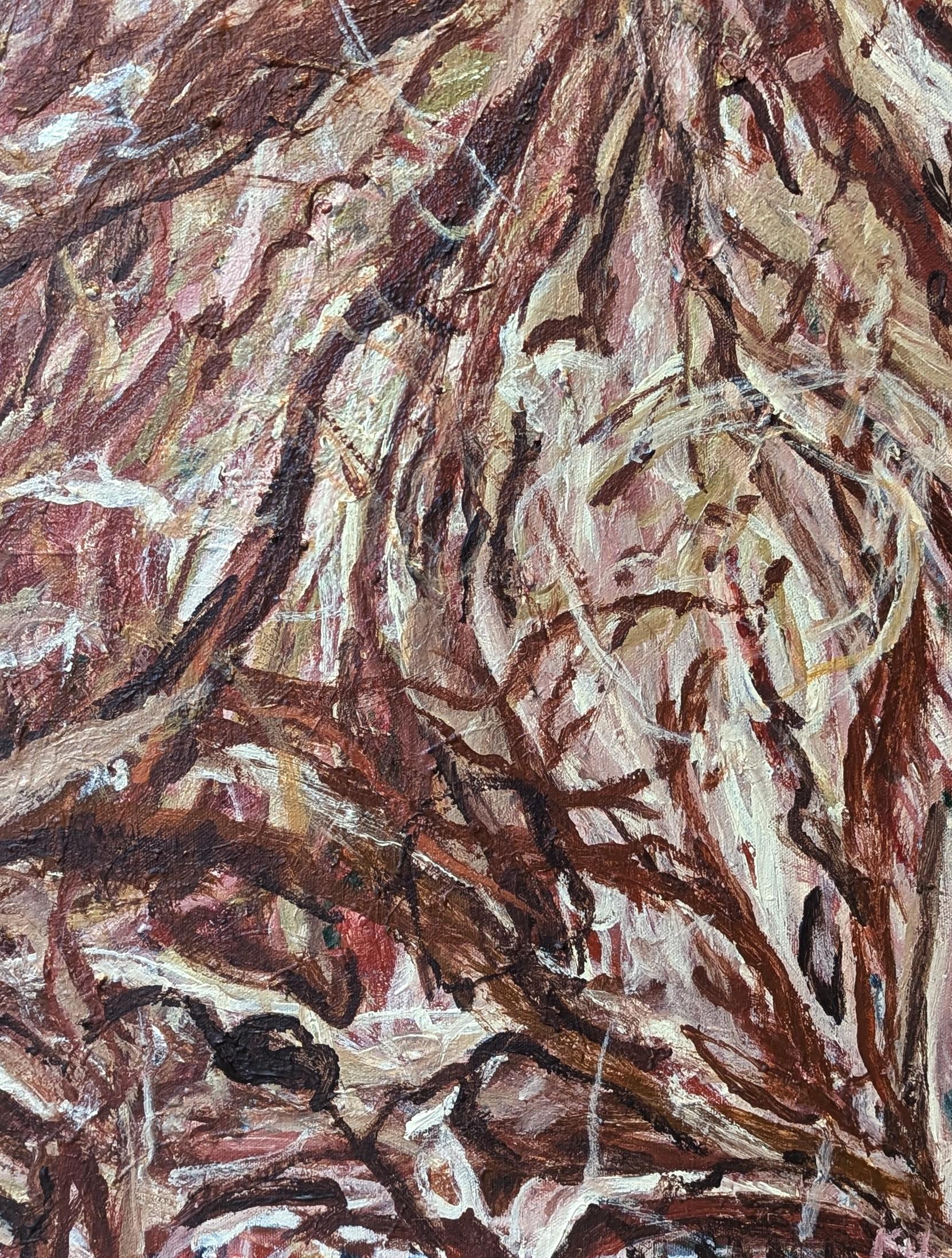 Peinture expressionniste abstraite contemporaine gestuelle aux tons neutres de l'artiste Kristi Haines Herman, basée à Houston. L'œuvre présente des couches de pinceaux tourbillonnants dans différents tons neutres. Signé, titré et daté au verso.