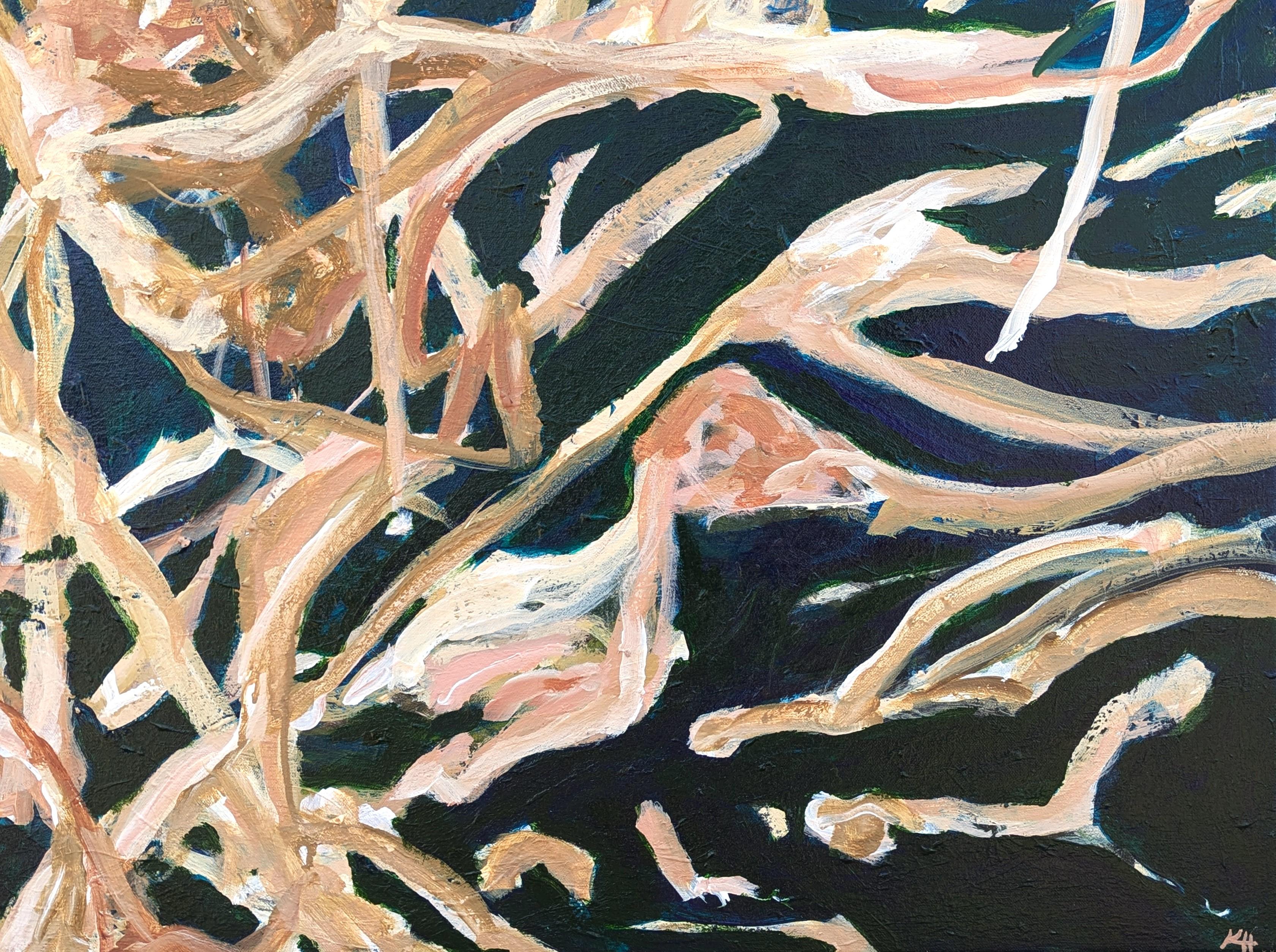 Pittura contemporanea gestuale espressionista astratta dai toni blu dell'artista di Houston Kristi Haines Herman. L'opera presenta strati di pennellate vorticose nei toni del marrone, del rosa e del verde intenso. Firmato, intitolato e datato sul