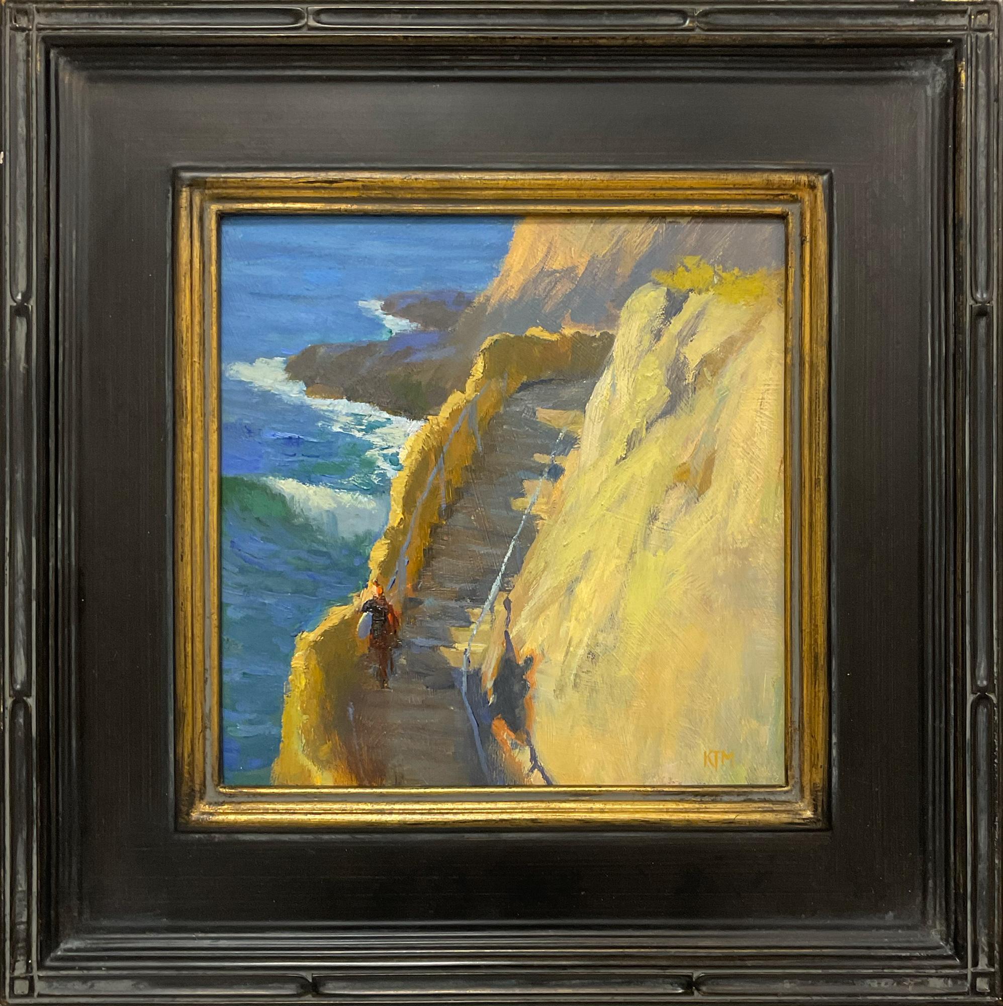 Kristian Matthews Landscape Painting - "Headed Down" Plein Air Oil Painting of Cliff side, Ocean and Surfer