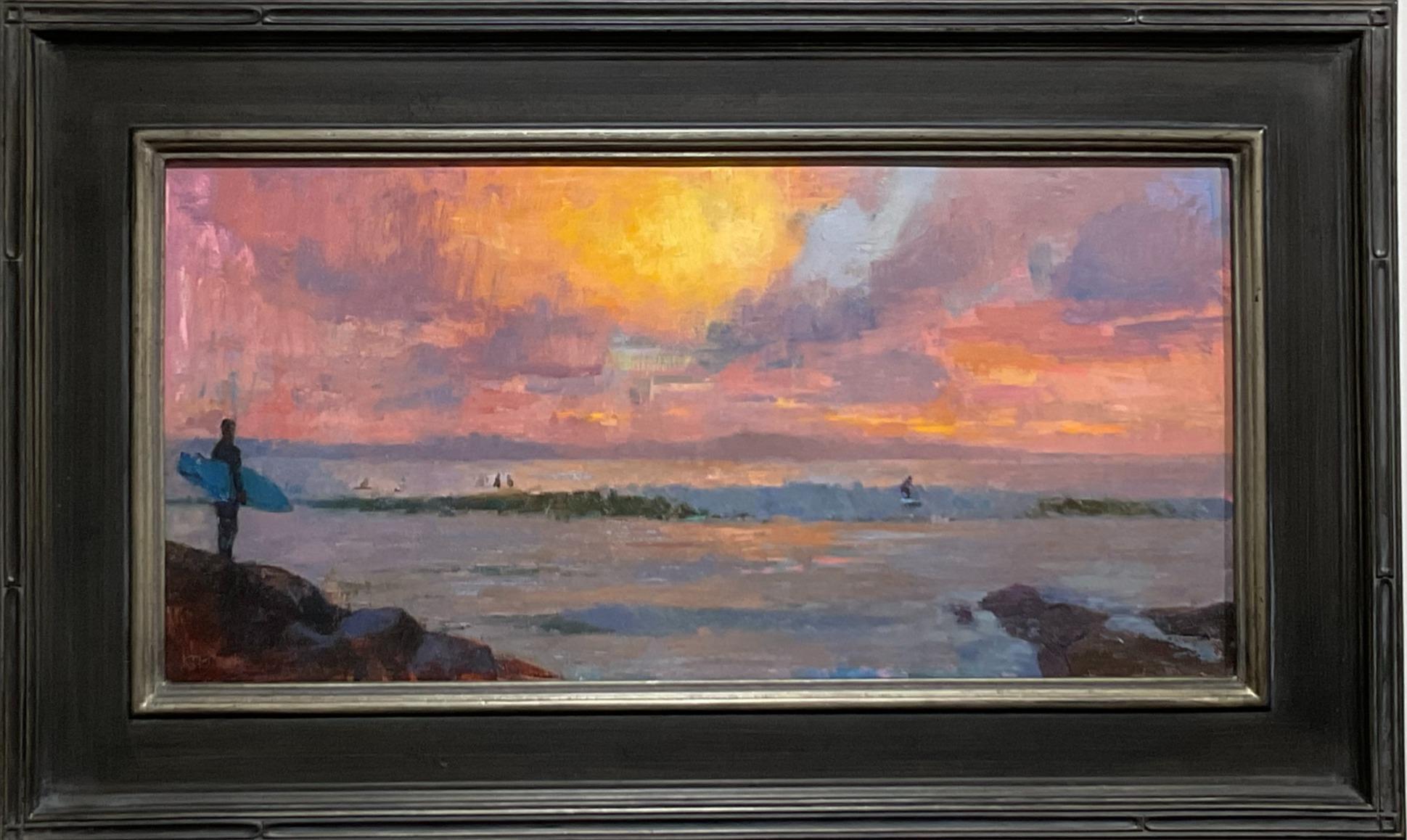 Kristian Matthews Landscape Painting - "Sunset Surfing" Plein Air Oil Painting of Surfers Catching Waves during Sunset