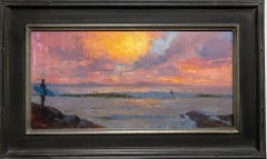 "Sunset Surfing" Peinture à l'huile Plein Air de surfeurs attrapant les vagues au coucher du soleil