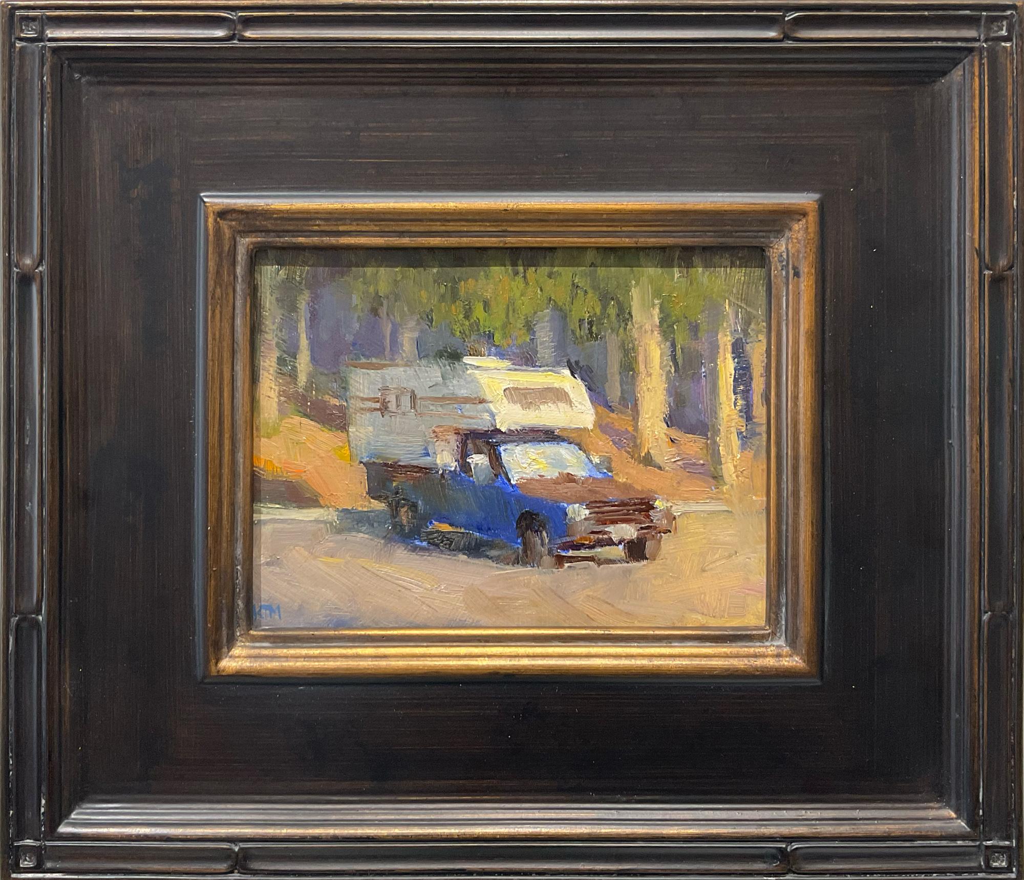 "Urban Camping" is a plein air oil painting by Vacaville, CA based artist Kristian Matthews. This painting  depicts a golden afternoon of a blue pick up truck and camper sitting quietly in a camp site parking lot.  This piece comes with a matte