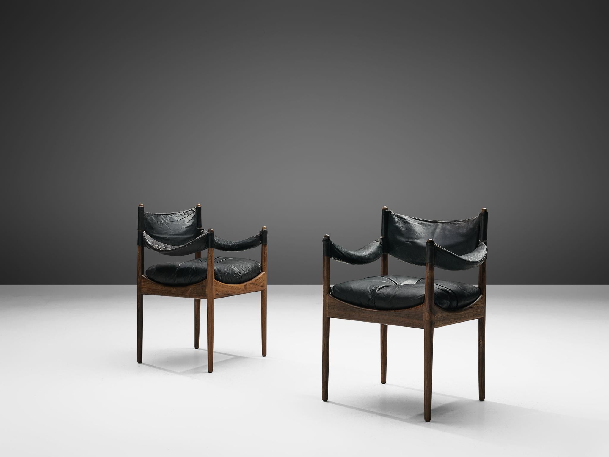 Kristian Vedel for Søren Willardsen, two dining chairs, rosewood and leather, Denmark, 1960s

This set of chairs is designed by Danish designer Kristian Vedel in the 1960s. The chairs feature a rosewood frame and black leather seats. The backrest is