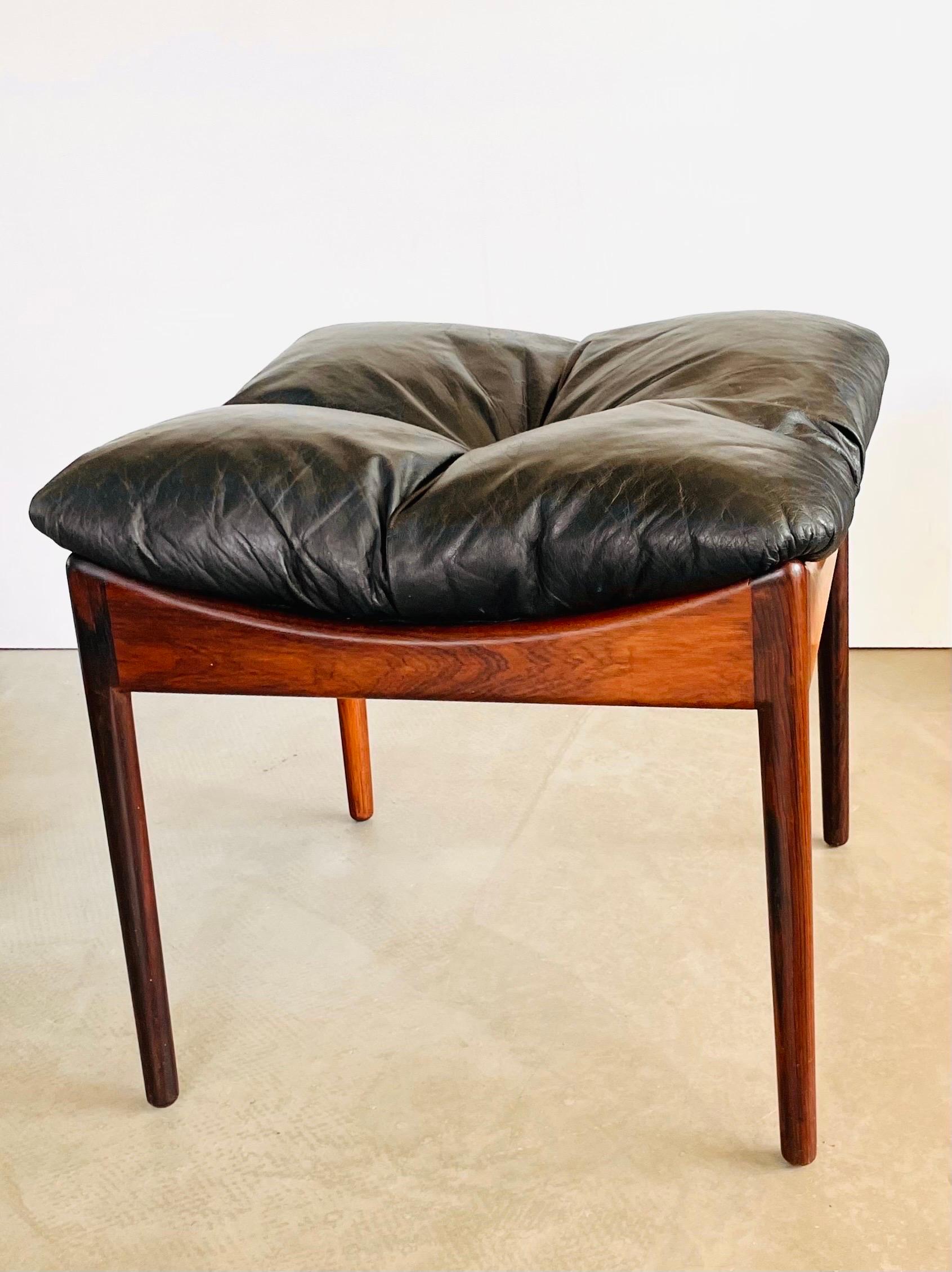 Beautiful rare high hocker or pouf by Kristian Solmer Vedel for Soren Willadson, ca. 1965. Made of beautifully grained rosewood and leather, in an excellent condition, with a perfectly soft leather tufted cushion in excellent condition. This ottoman