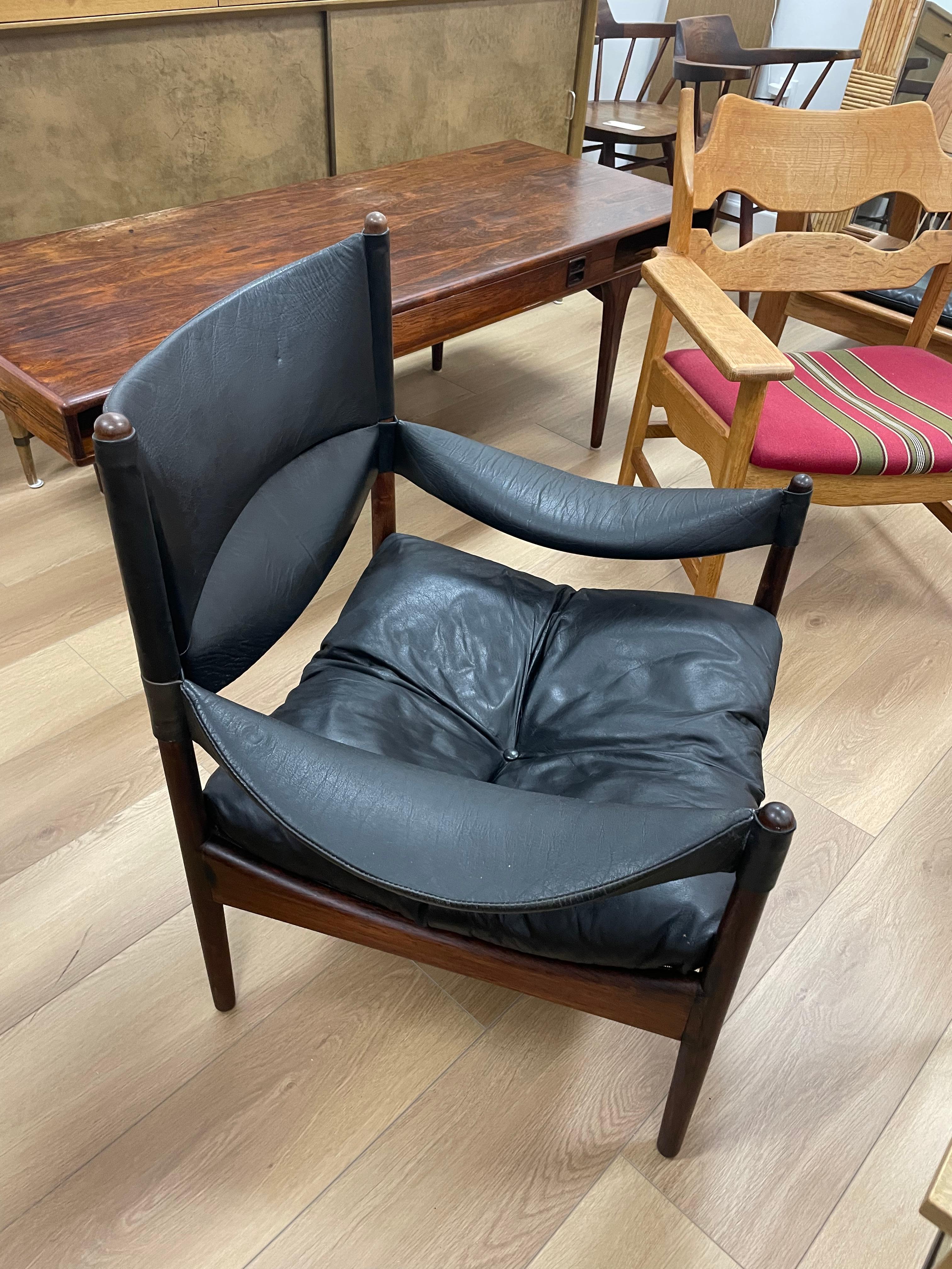 3 available. Black leather and rosewood armchair by Kristian Vedel, Denmark circa 1960s, model Modus. 