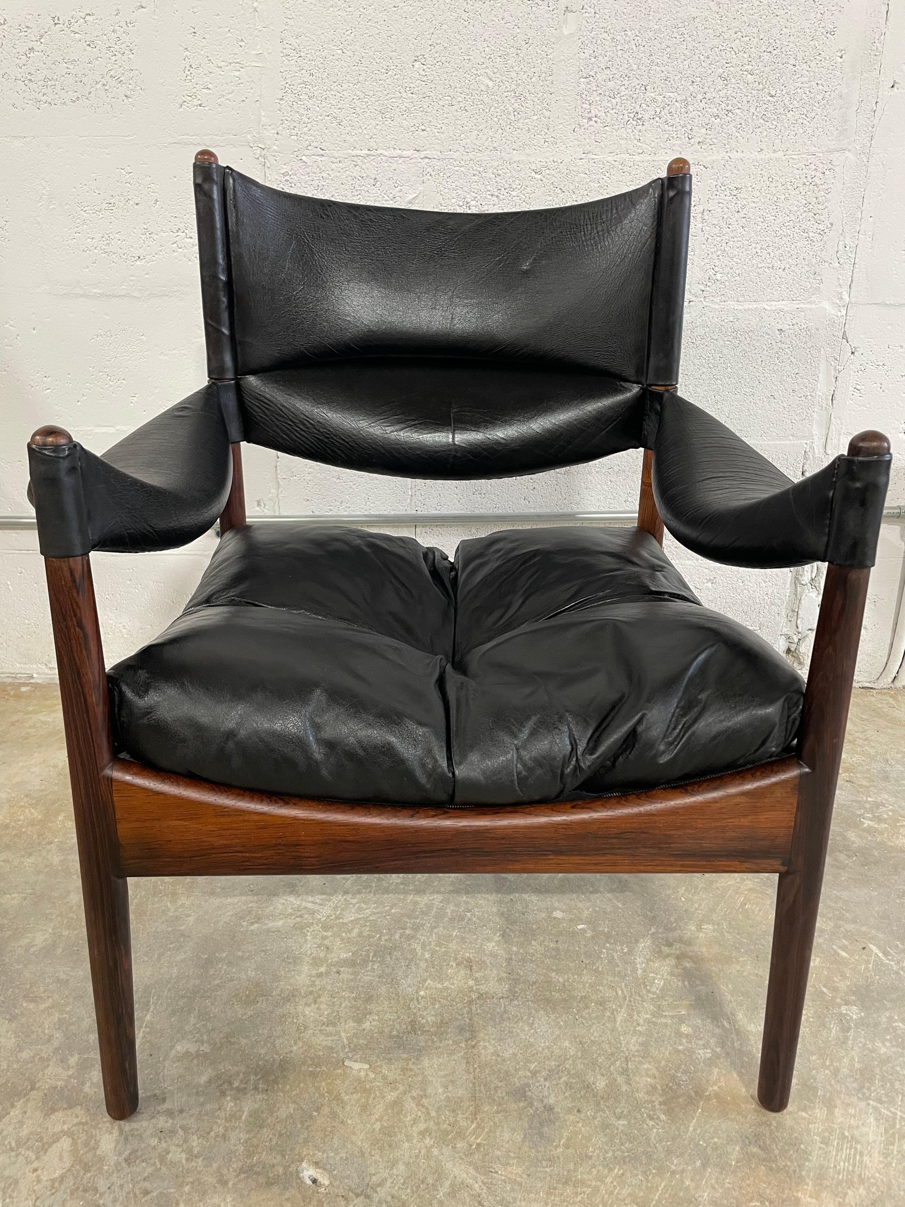 20th Century Kristian Vedel Leather and Rosewood chairs Armchairs 