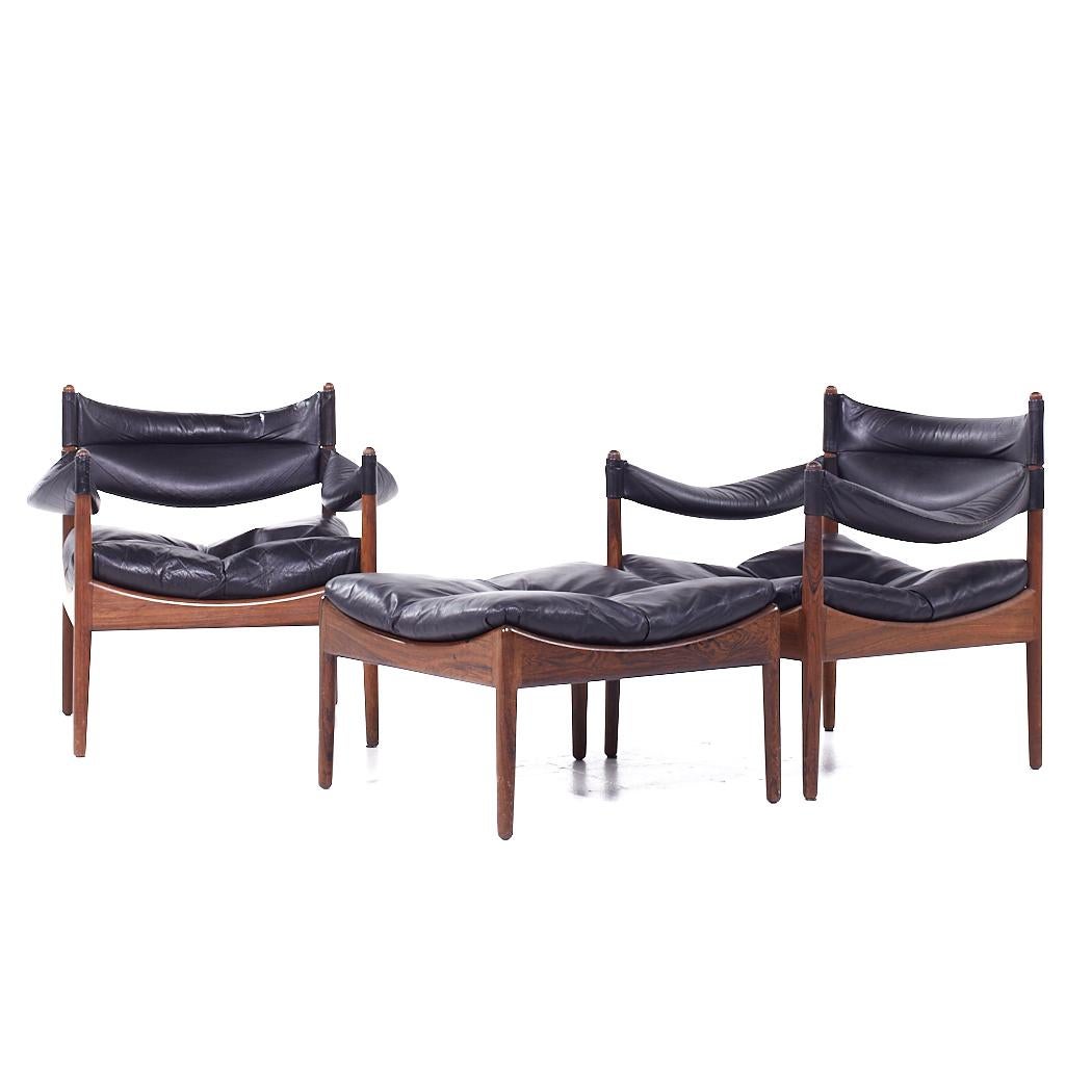 Mid-Century Modern Kristian Vedel Willadsen Møbelfabrik Modus MCM Rosewood Leather Chairs Ottoman For Sale