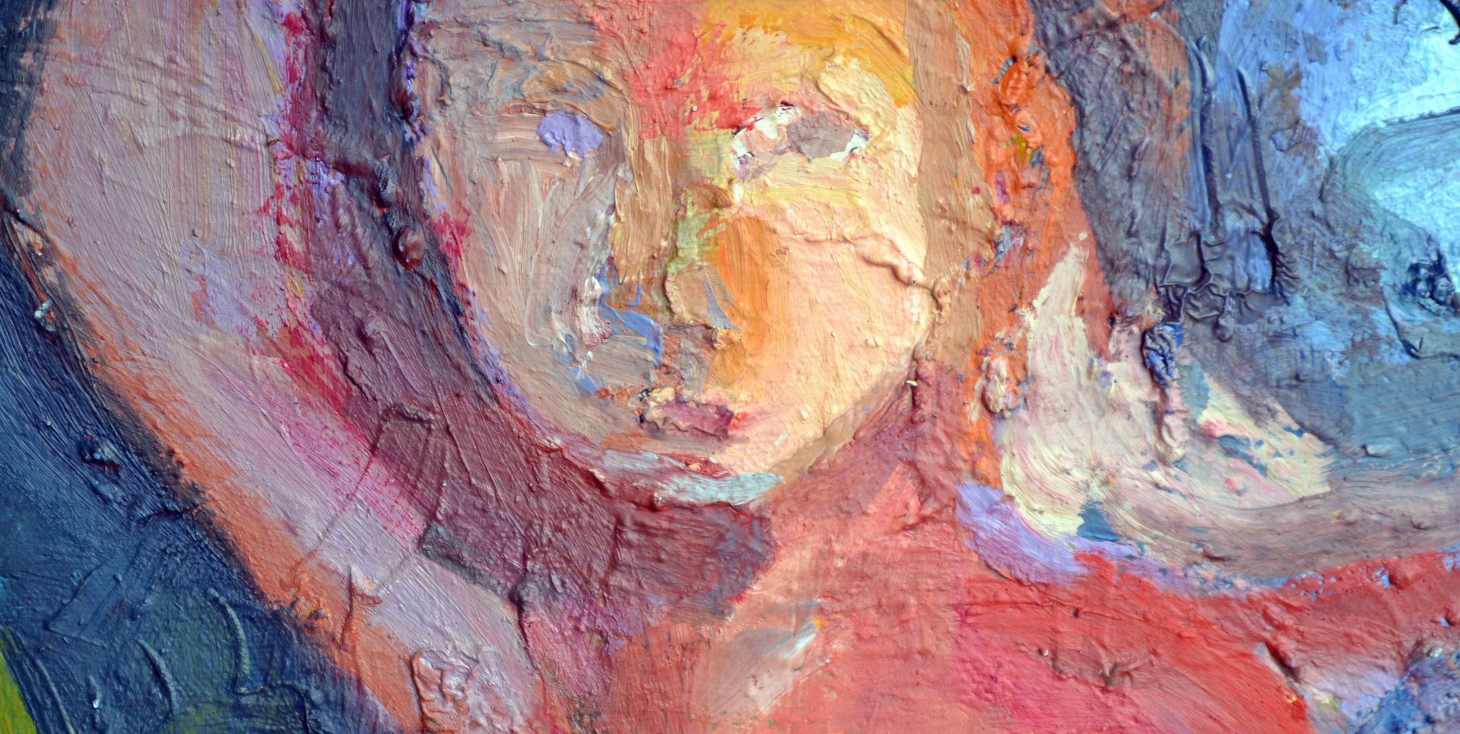 Nudo figurativo espressionista sotto l'albero in olio su tavola - Figurative Painting Grigio di Kristin Cohen Bucci