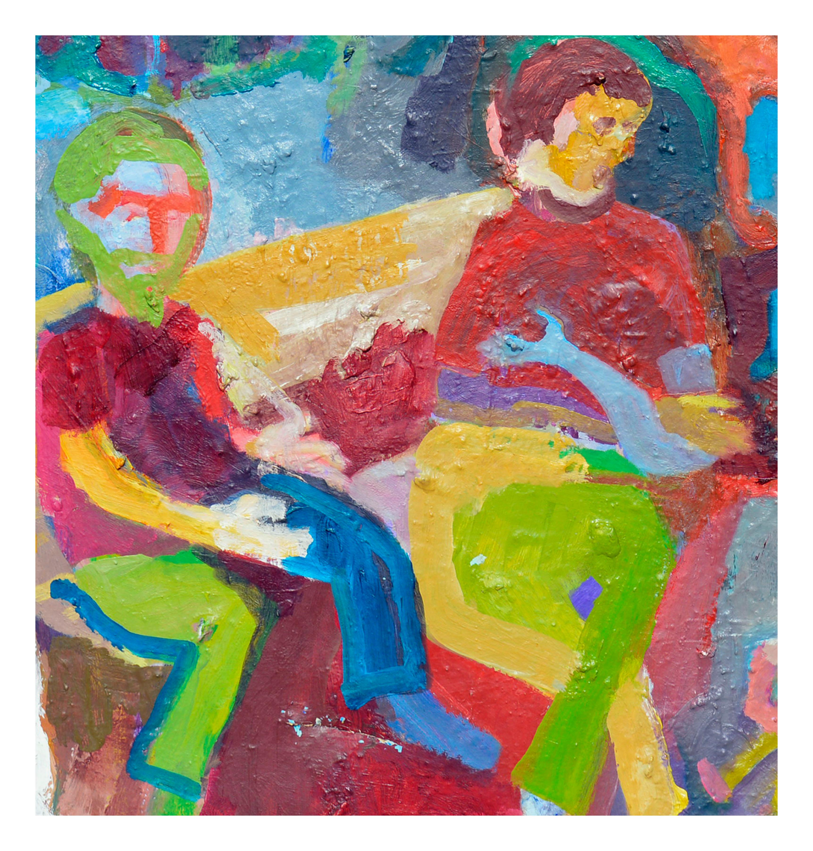 Splendido dipinto a olio di una moltitudine di colori intitolato Dads and Dogs di Kristin Cohen (americana, nata nel 1963). Firmato e intitolato 