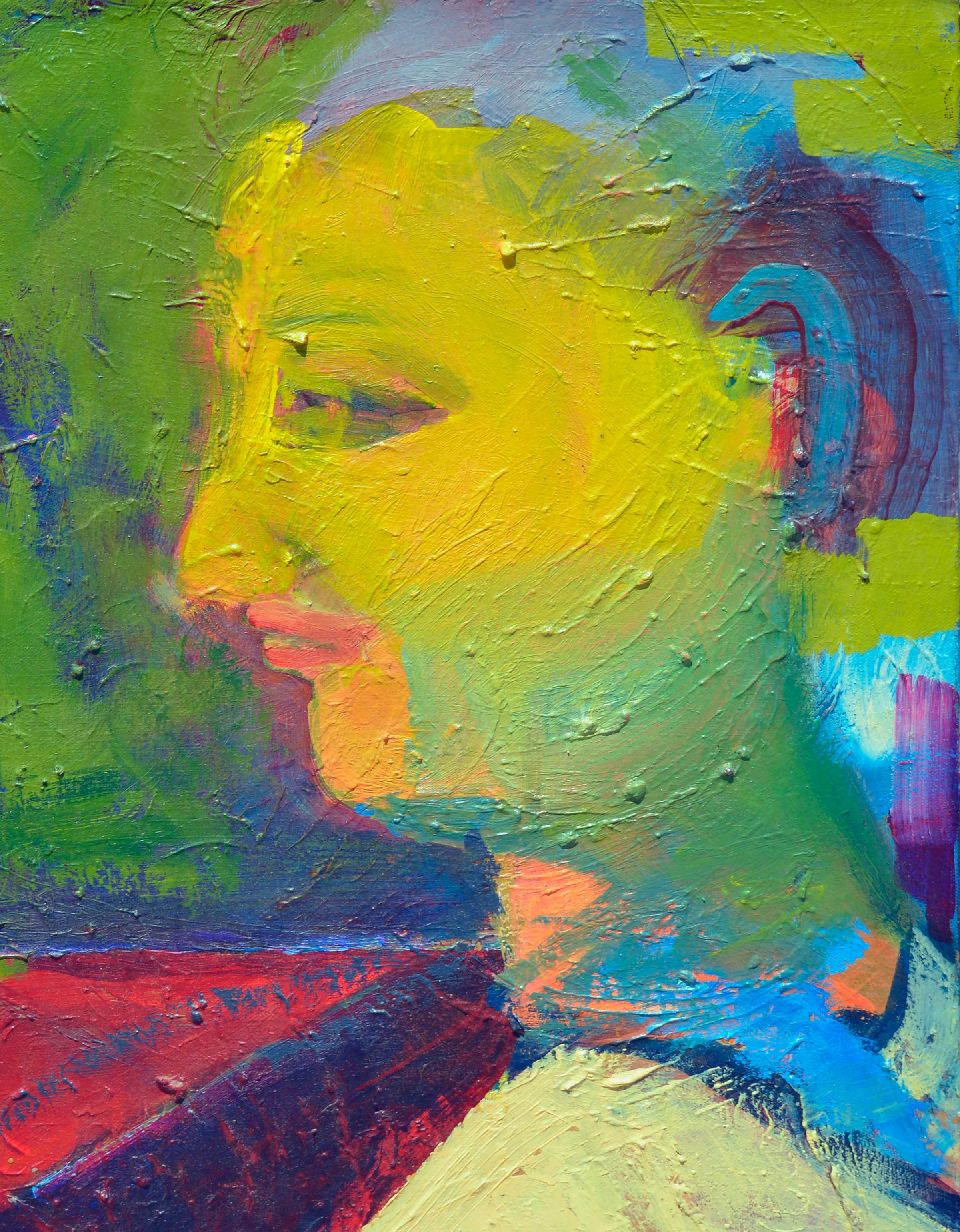 Fauvistisches abstrakt-expressionistisches Porträt, Kind in Hühnergarbe (Fauvismus), Painting, von Kristin Cohen