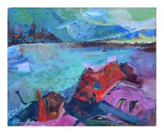 Shoreline vibrante - paysage impressionniste abstrait à l'huile sur toile