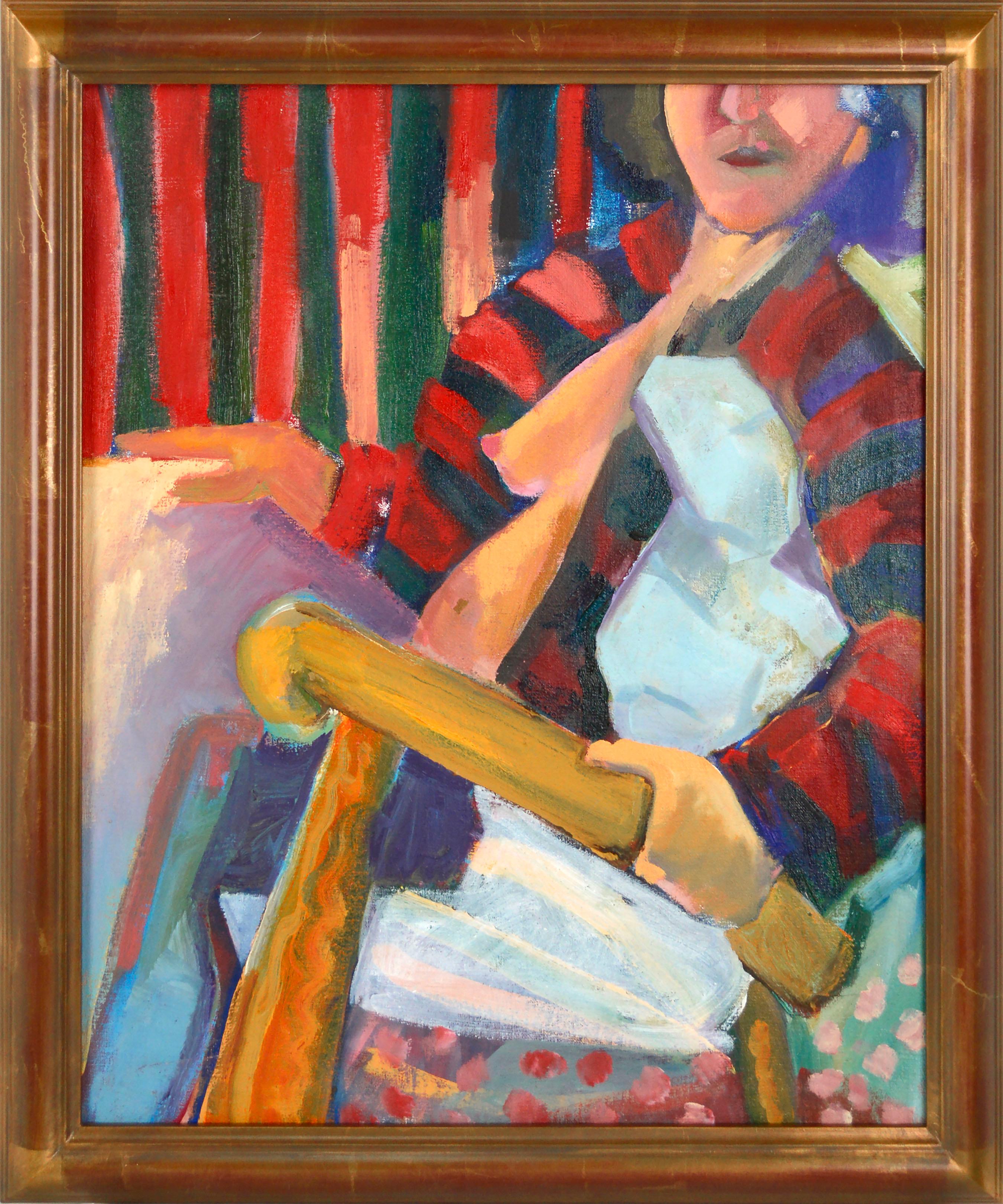 Kristin Cohen Interior Painting - Woman in an Armchair, Modernist Bay Area Figurative with Primary Colors