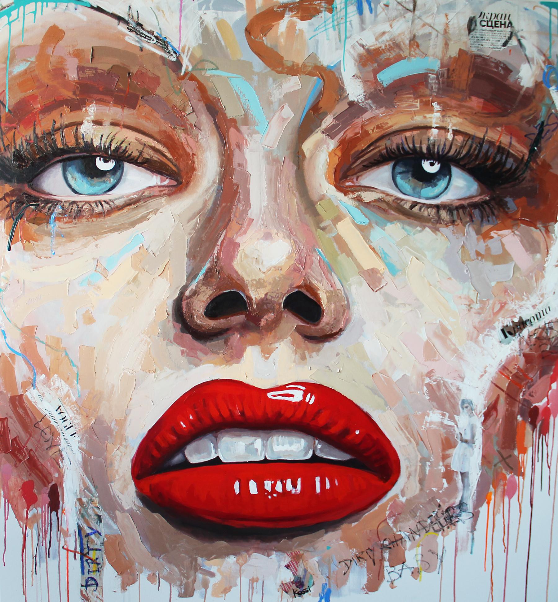 Kristin Kossi Figurative Painting - Beauty Blossom - Face, Popart, Painting, 21st C., Woman, Contemporary Art, Lips