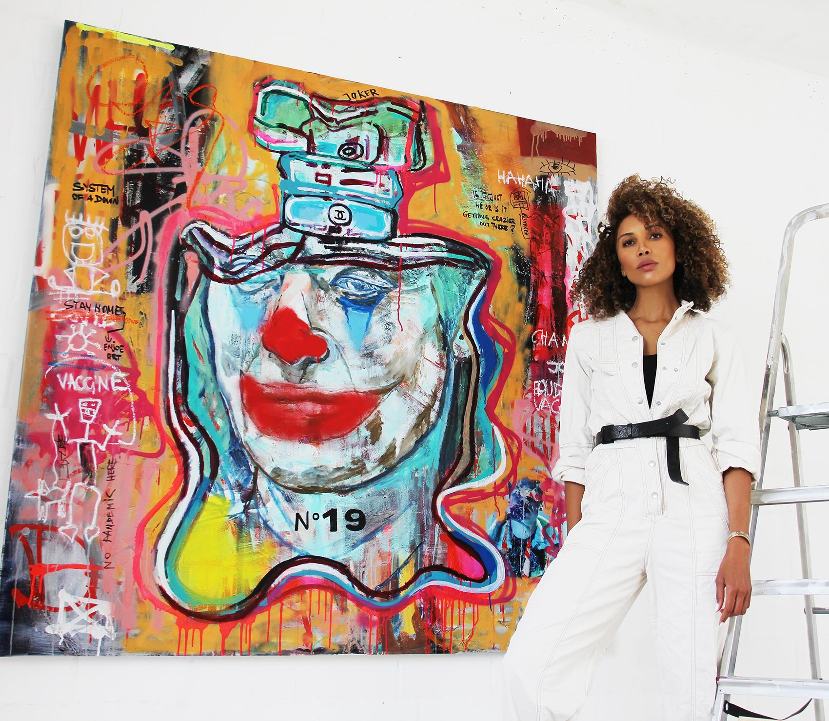 NR. 19 COVID JOKER - expressive, Joker, painting, Contemporary, Pop Art, Chanel - Painting by Kristin Kossi