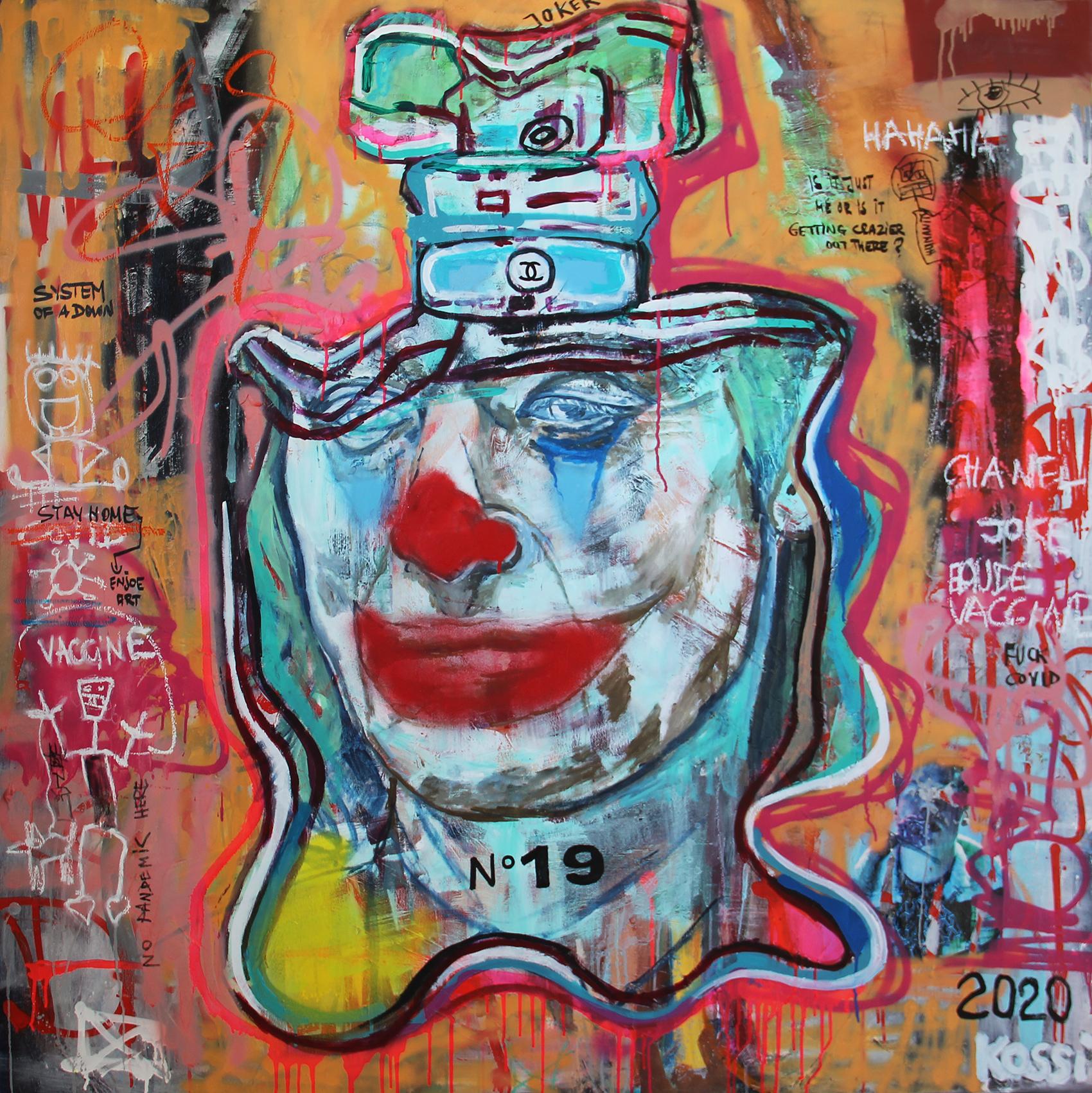 Kristin Kossi Figurative Painting - NR. 19 COVID JOKER - expressive, Joker, painting, Contemporary, Pop Art, Chanel