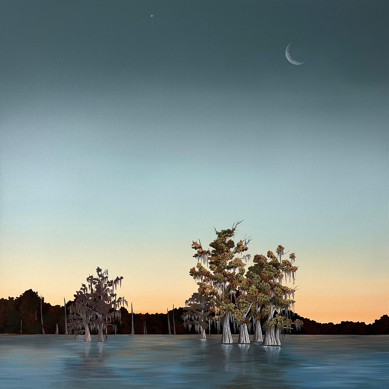 "Bayou Moon", by Kristin Moore, is a part of her 2024 solo exhibition, “Through the Bayou, Into the Garden”, at Ferrara Showman Gallery. Marking a transition from her previous work, "Bayou Moon" shows Kristin Moore directing her eye and palette
