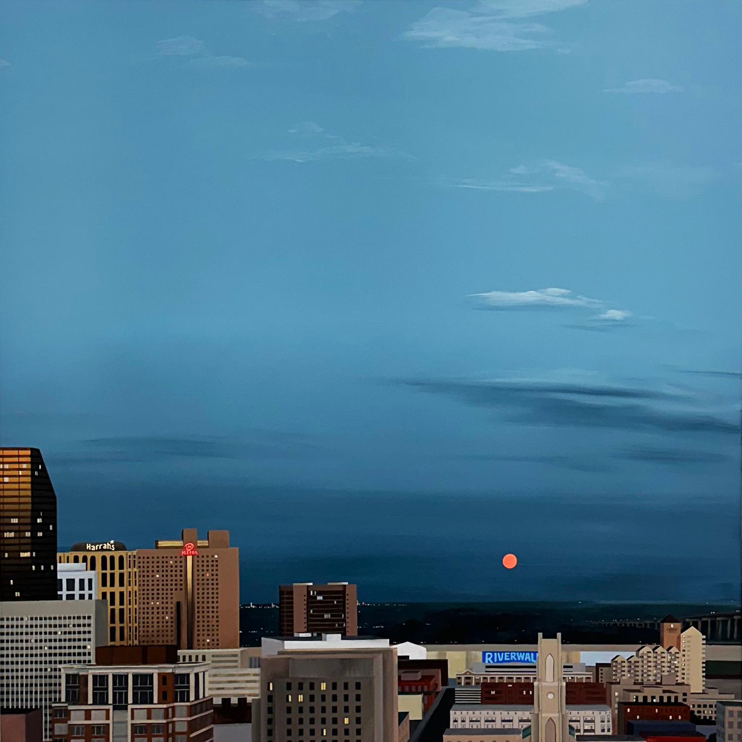"Downtown New Orleans (Full Moon)", by Kristin Moore, is a part of her 2024 solo exhibition, “Through the Bayou, Into the Garden”, at Ferrara Showman Gallery. Marking a transition from her previous work, "Downtown New Orleans (Full Moon)" shows