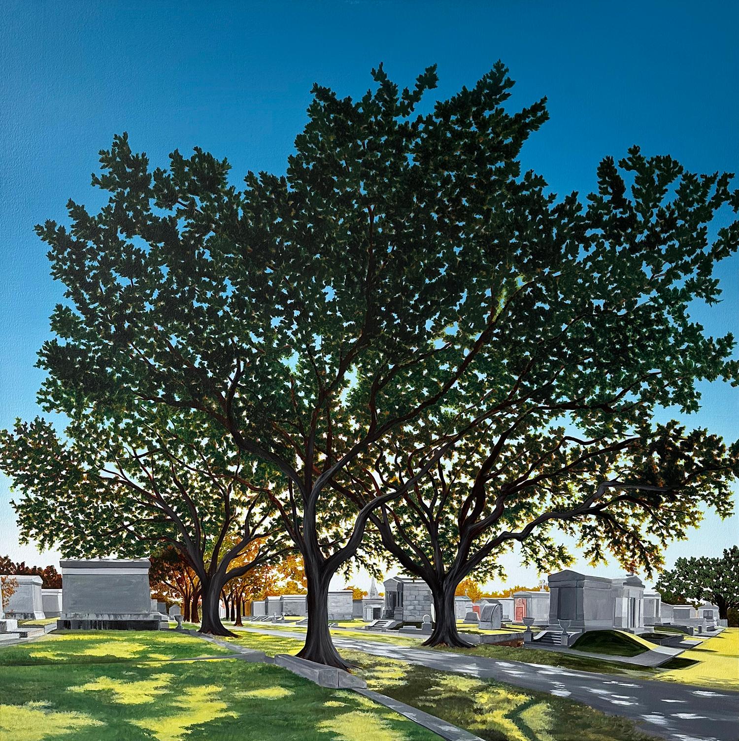 "Live Oak at Metairie Cemetery", by Kristin Moore, is a part of her 2024 solo exhibition, “Through the Bayou, Into the Garden”, at Ferrara Showman Gallery. Marking a transition from her previous work, "Live Oak at Metairie Cemetery" shows Kristin