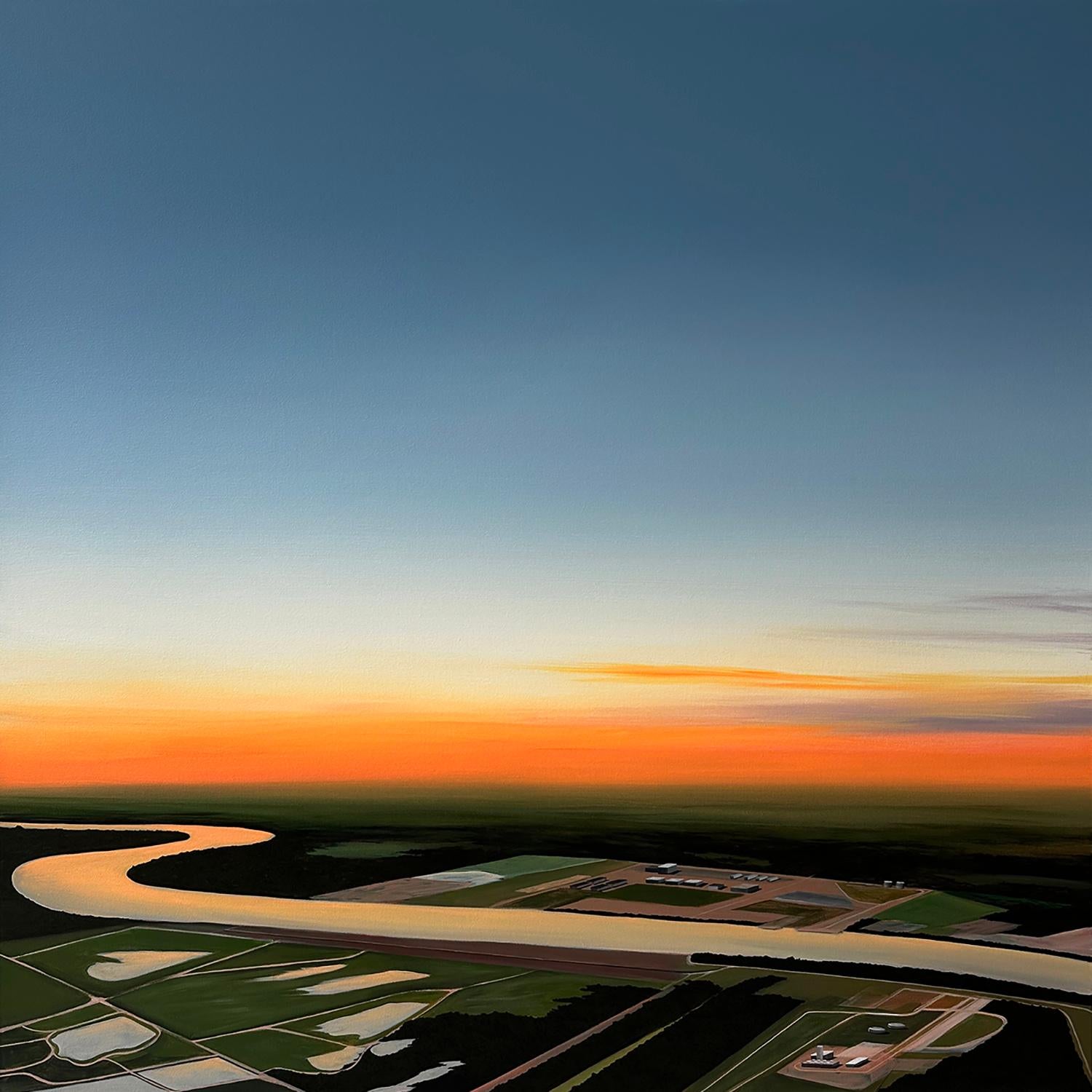 "Mississippi River (Golden Hour)", by Kristin Moore, is a part of her 2024 solo exhibition, “Through the Bayou, Into the Garden”, at Ferrara Showman Gallery. Marking a transition from her previous work, "Mississippi River (Golden Hour)" shows