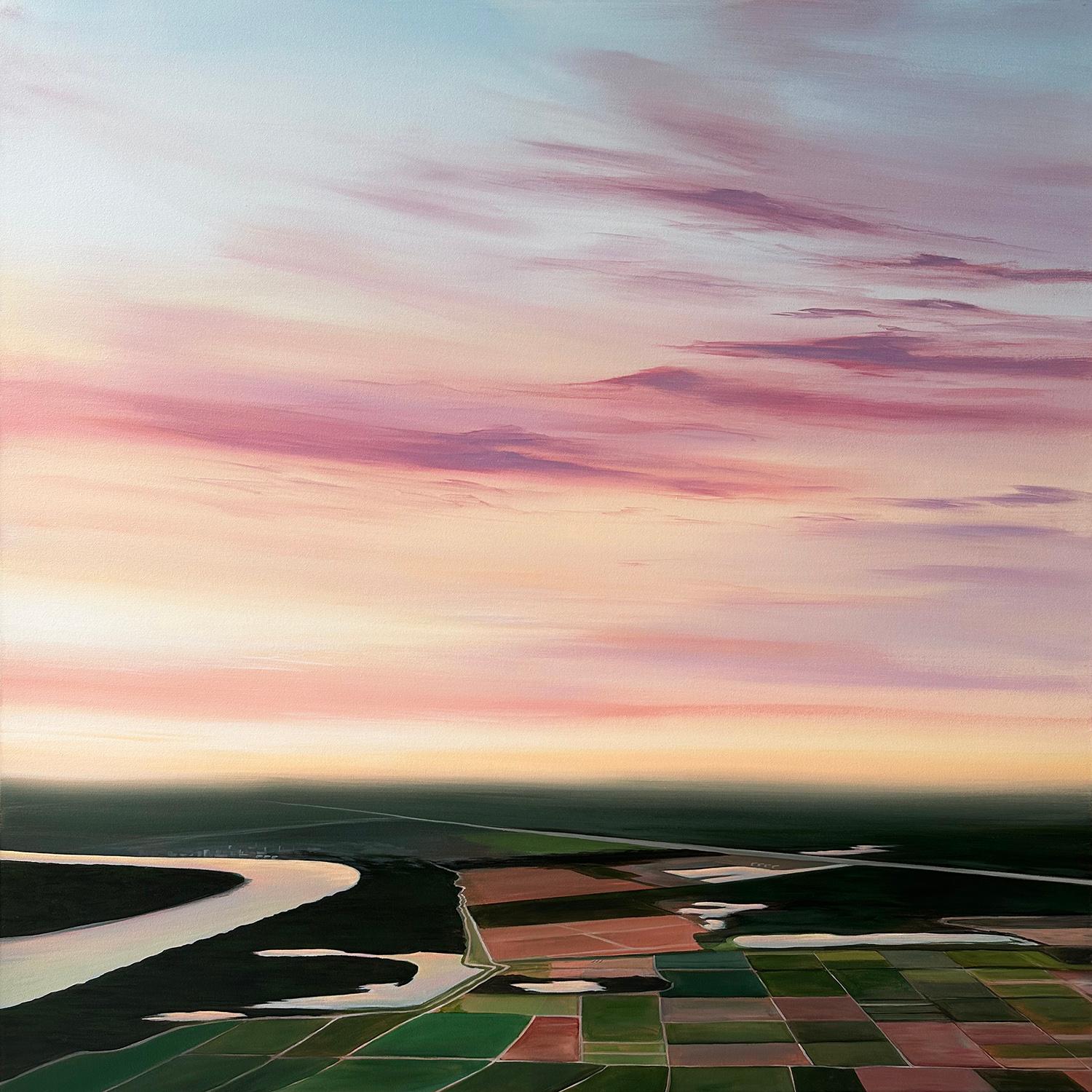 "Mississippi River (Sunrise)", by Kristin Moore, is a part of her 2024 solo exhibition, “Through the Bayou, Into the Garden”, at Ferrara Showman Gallery. Marking a transition from her previous work, "Mississippi River (Sunrise)" shows Kristin Moore