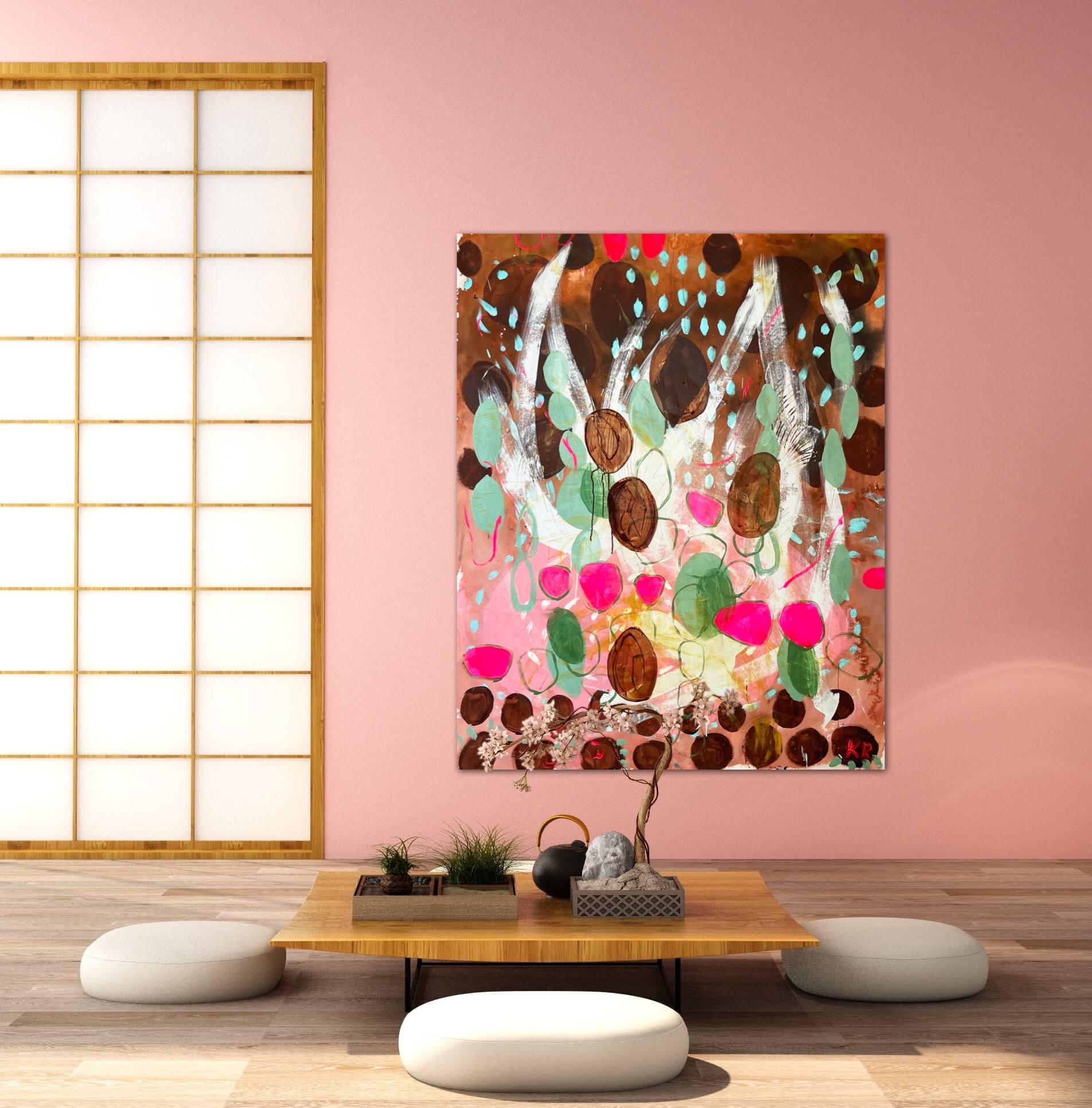 Acrilico su tela di cotone (tessuto spesso e pulito da 380 g)
Le dimensioni, una volta allungato, sono 71x55 pollici
Accepting Changes è un quadro astratto contemporaneo originale dell'artista e pittrice norvegese Kristin Romberg. I suoi dipinti