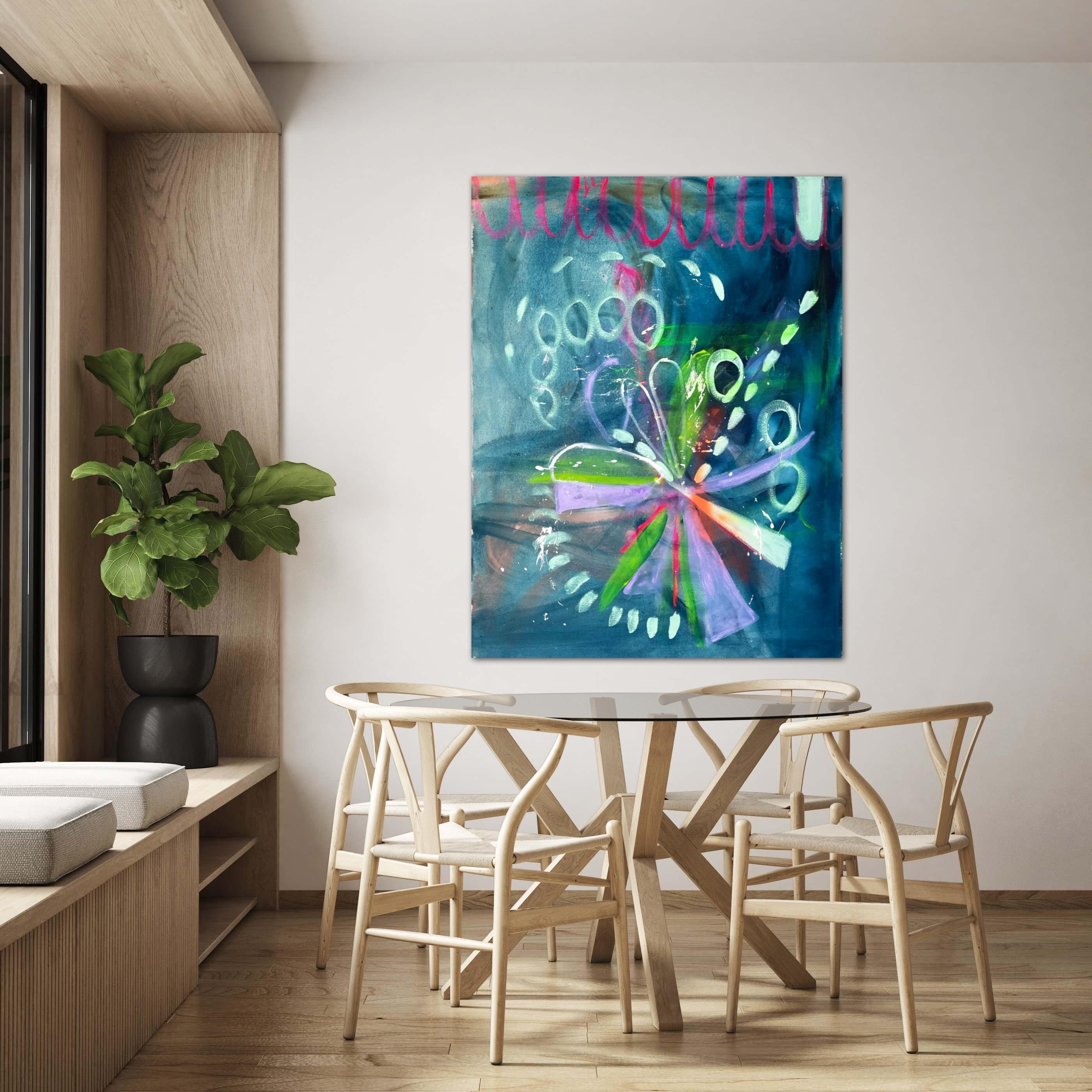 Acrilico su tela di cotone (tessuto spesso e pulito da 380 g)
Dimensioni 55x49 pollici quando è allungato.
Beyond The Edge è un quadro astratto contemporaneo originale dell'artista e pittrice norvegese Kristin Romberg.
I suoi dipinti colorati si