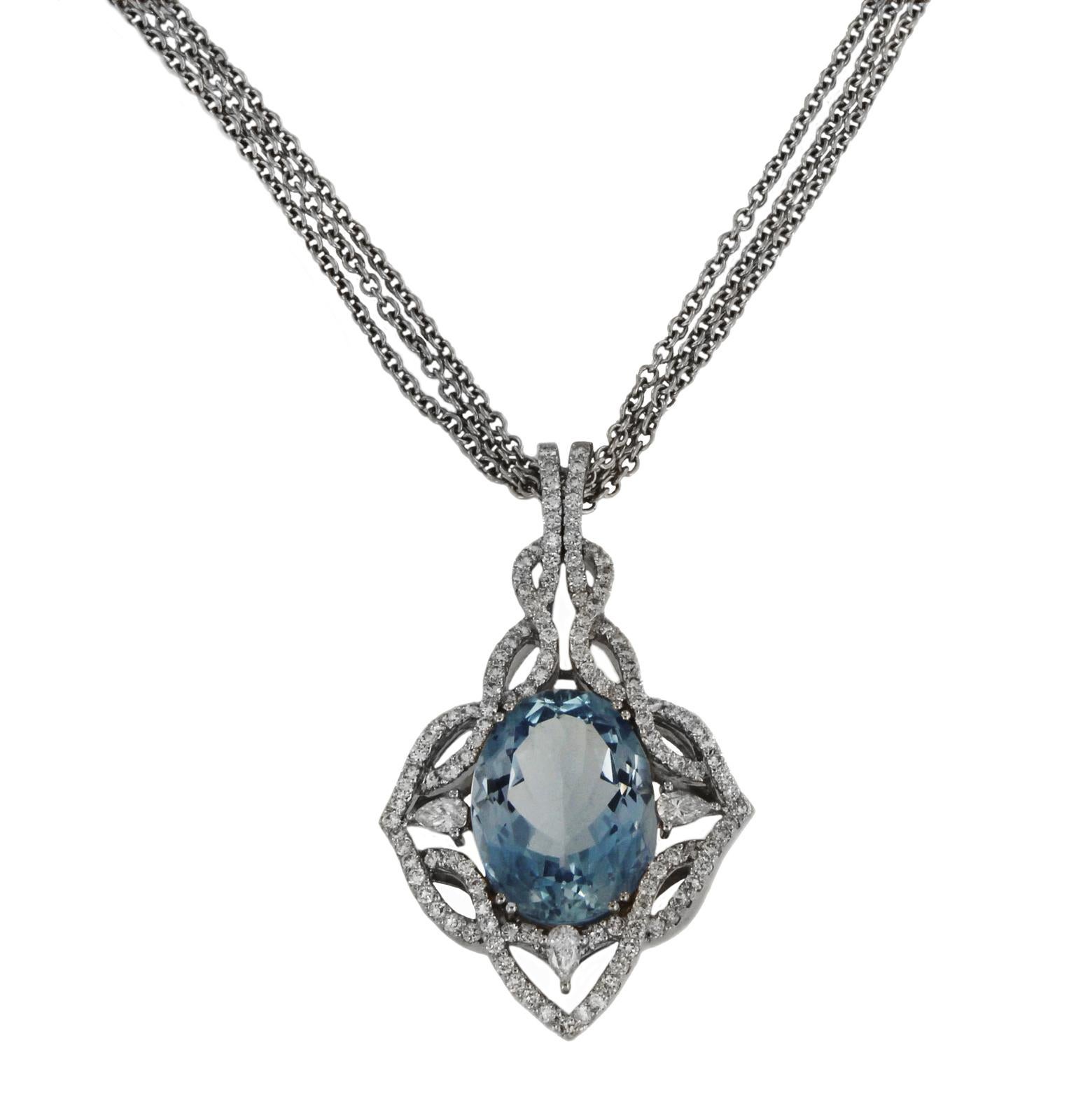 Round Cut Kristina 18 Karat White Gold Necklace with Diamonds and Aquamarine For Sale