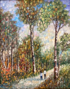 "A Walk Along the Woods" Impressionistic Oil on Canvas Painting Figures Walking