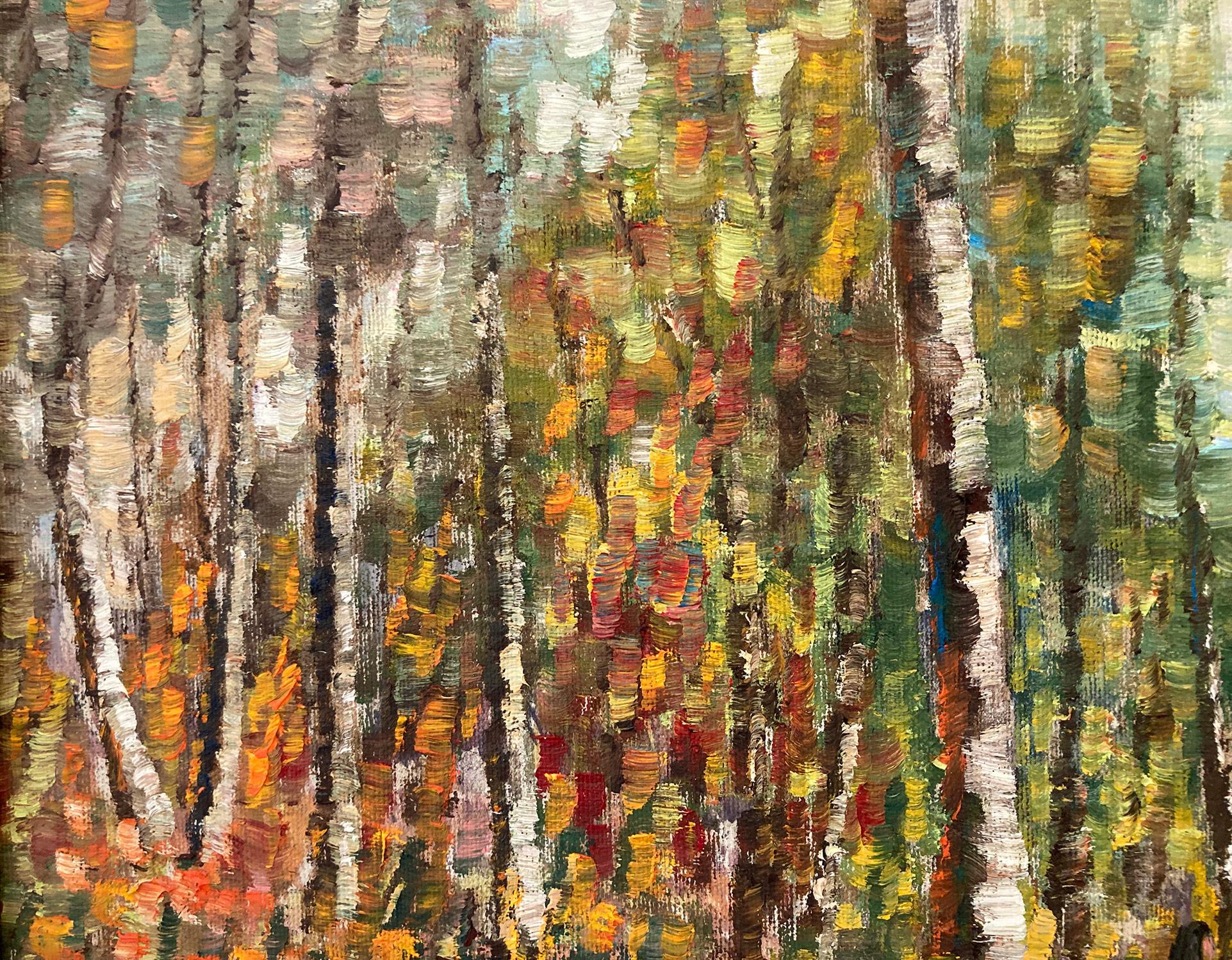 A stunning depiction Figures walking in the forrest in a wooded area. Nemethy uses a bold impressionistic technique with thick use of paint and wonderful impressions. With unique colors from the North East, we can feel the atmosphere effortlessly.