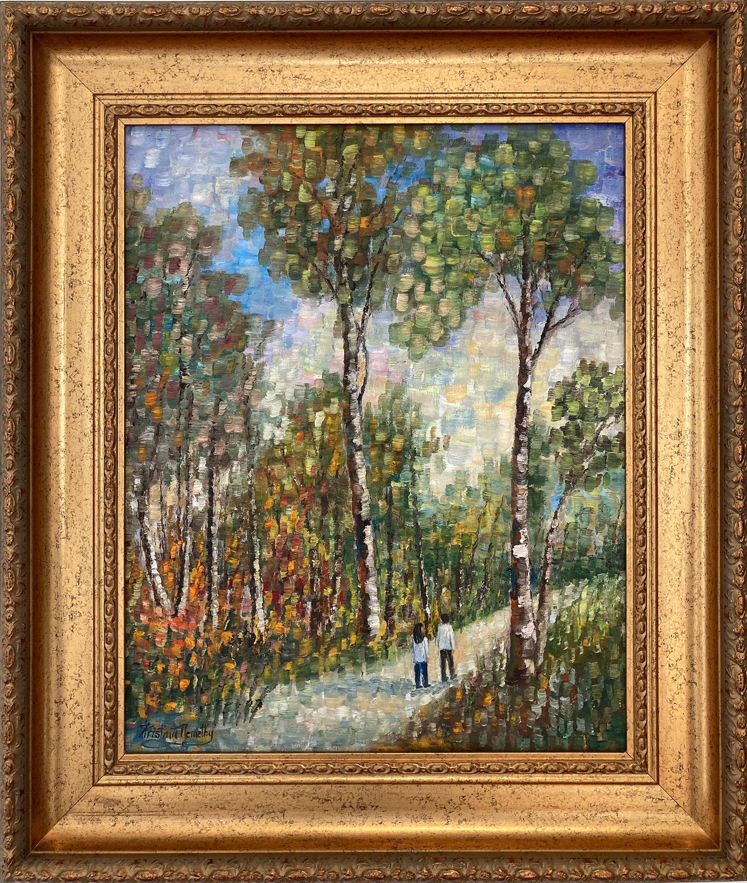 Kristina Nemethy Landscape Painting - "A Walk Along the Woods" Impressionistic Oil on Canvas Painting Figures Walking