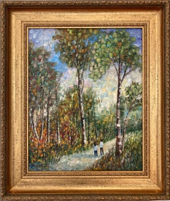 "A Walk Along the Woods" Impressionistic Oil on Canvas Painting Figures Walking