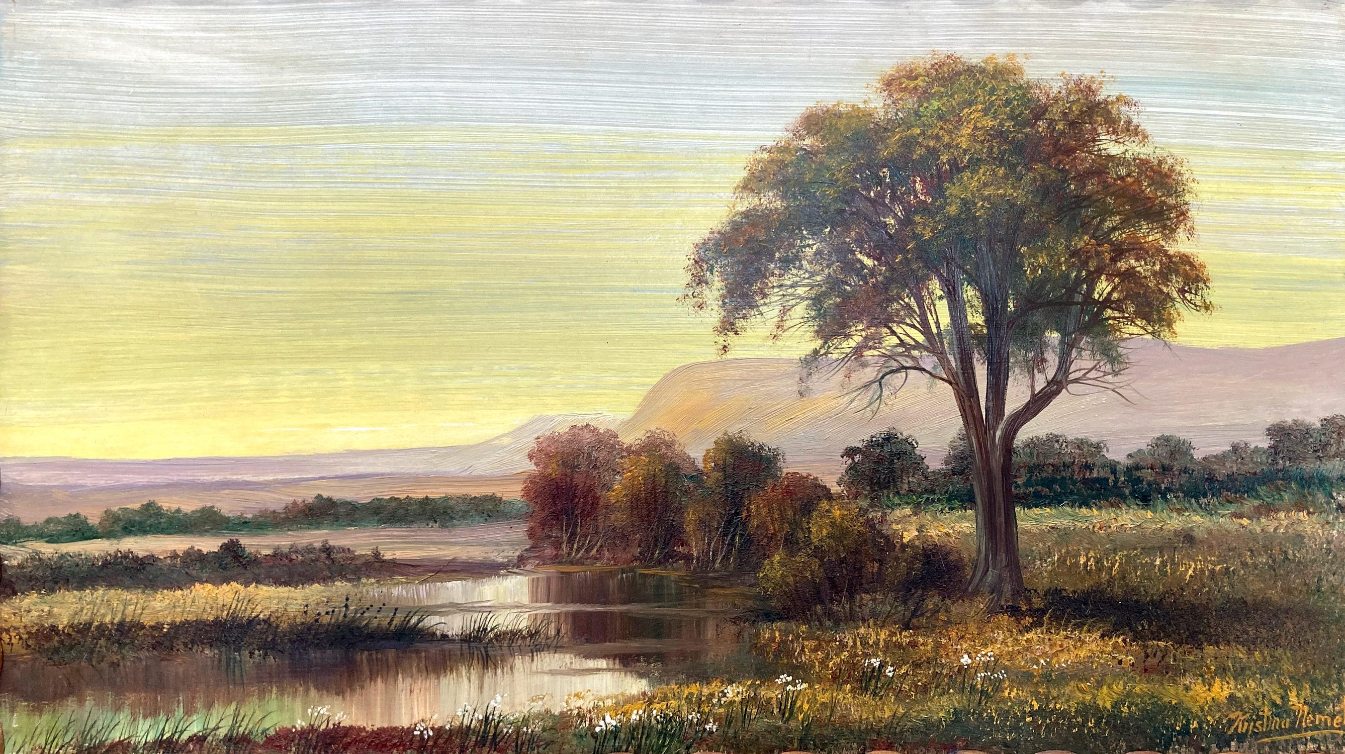 Autumn Season Wetlands, Peinture à l'huile américaine de rêve - Paysage sur panneau - Painting de Kristina Nemethy