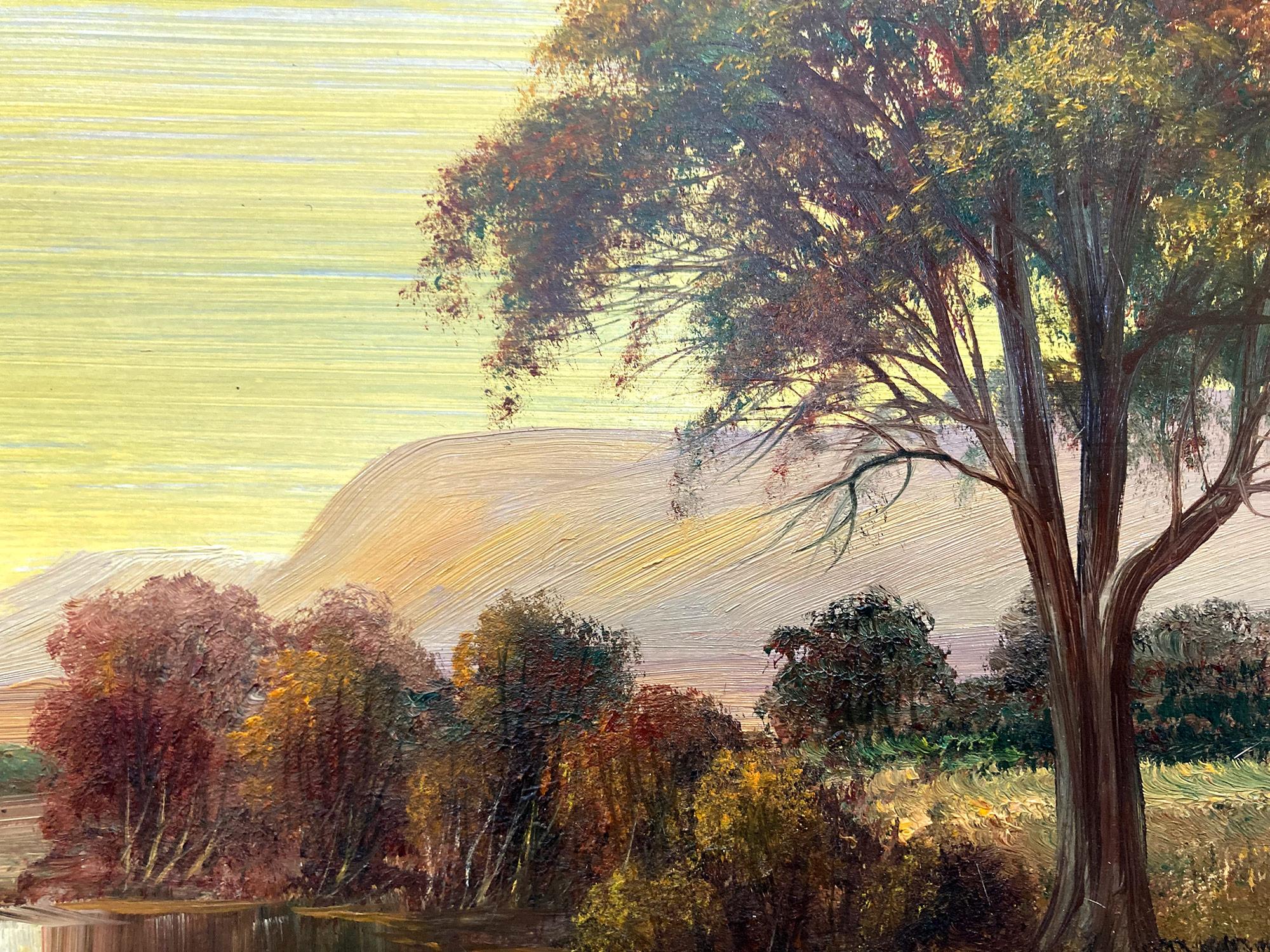 Une belle représentation d'un paysage automnal de zones humides avec une belle réflexion de la lumière du soleil frappant l'eau. Pour cette merveilleuse représentation, Nemethy utilise une technique fine qui dépeint les arbres et la ligne d'horizon