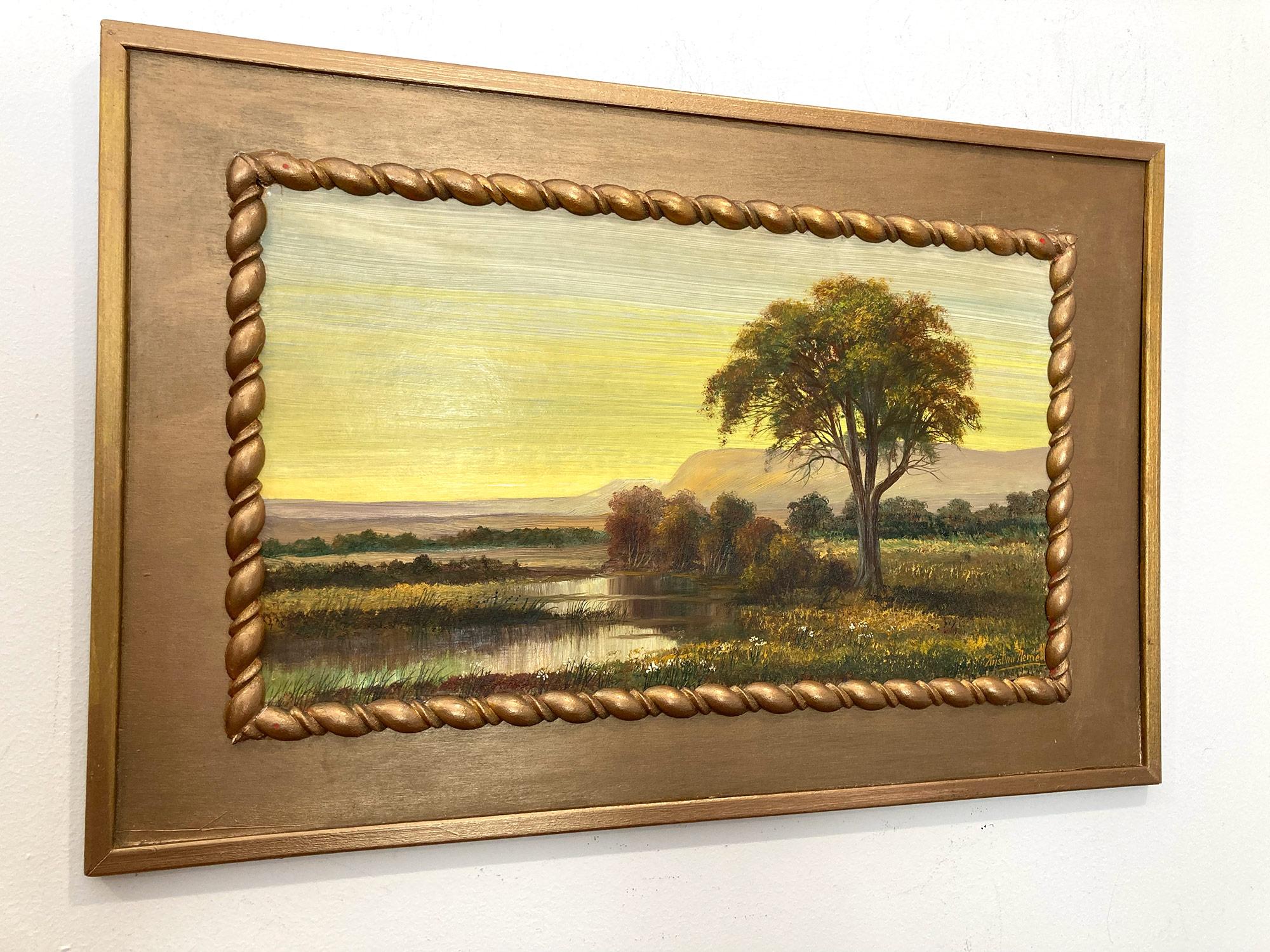 Autumn Season Wetlands, Peinture à l'huile américaine de rêve - Paysage sur panneau en vente 4
