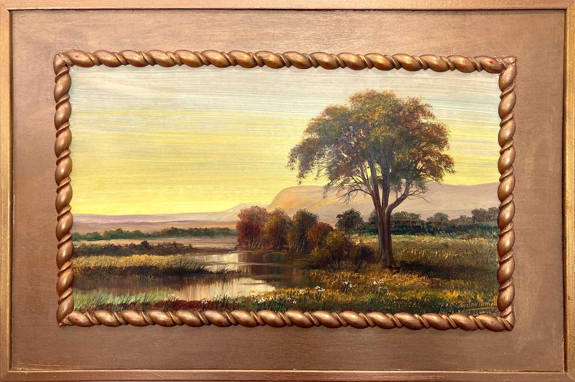 Autumn Season Wetlands, Peinture à l'huile américaine de rêve - Paysage sur panneau 
