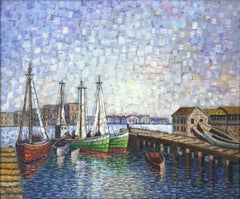 "Cape Cod" American Impressionist Oil Painting on Canvas of Boats On the Docks
