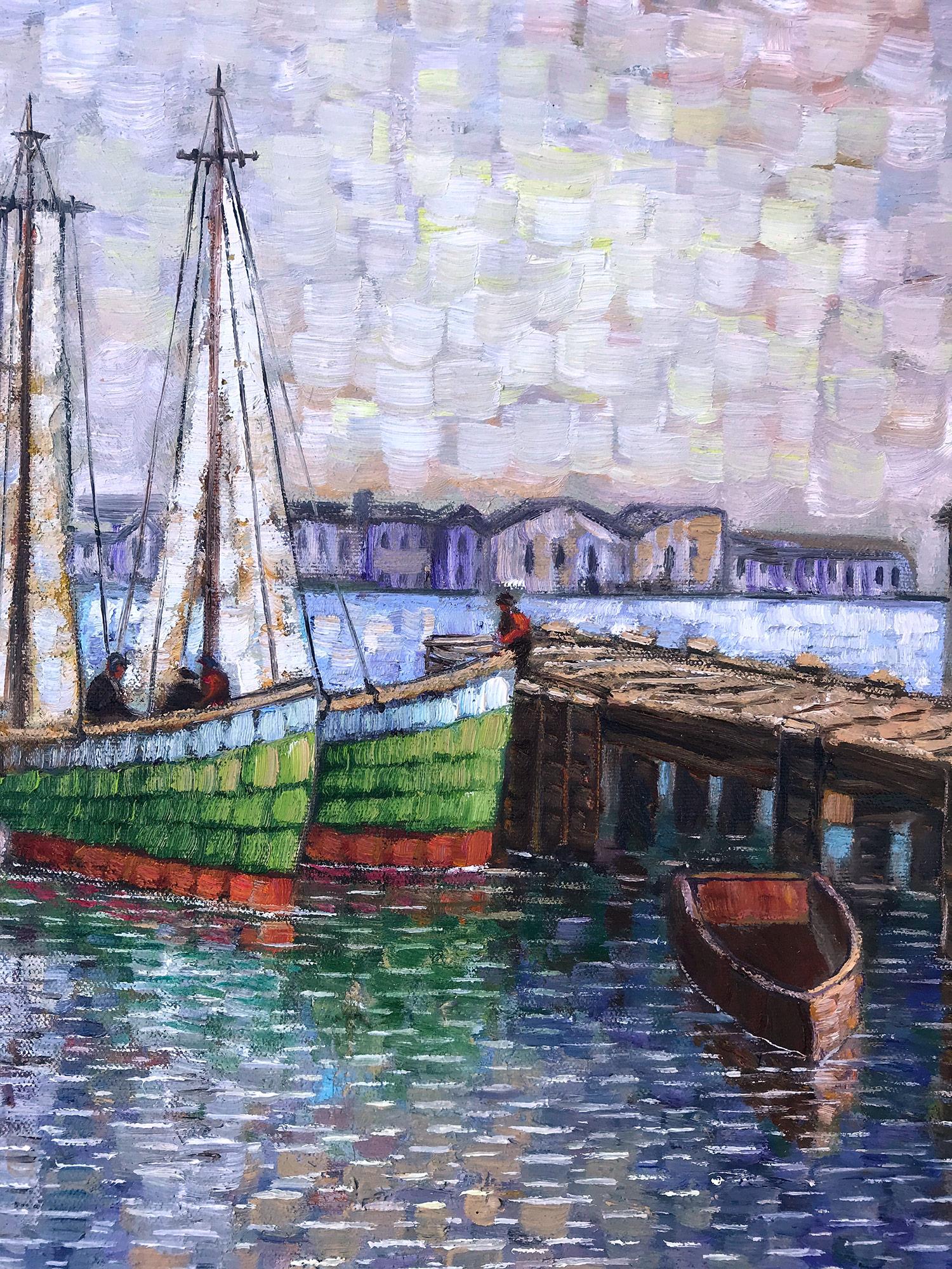 A stunning depiction of boats docked in a Cape Cod harbor. Nemethy uses a bold impressionistic technique with thick use of paint and wonderful impressions. With unique colors from the North East, we can feel the atmosphere effortlessly. With joyful