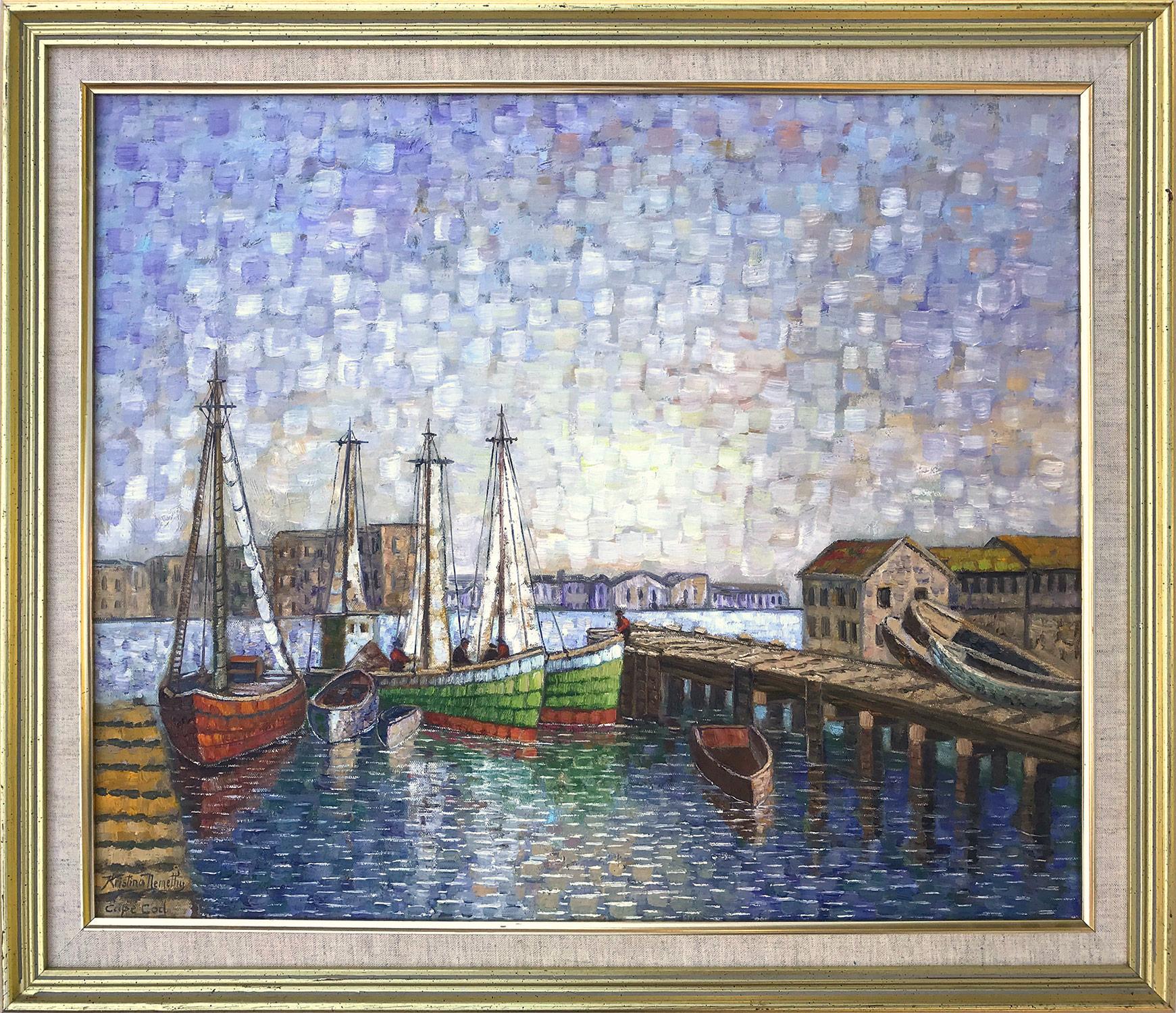 Kristina Nemethy Figurative Painting - "Cape Cod" American Impressionist Oil Painting on Canvas of Boats On the Docks