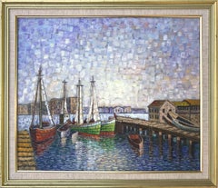 „Cape Cod“, amerikanisches impressionistisches Ölgemälde auf Leinwand mit Booten auf den Docks