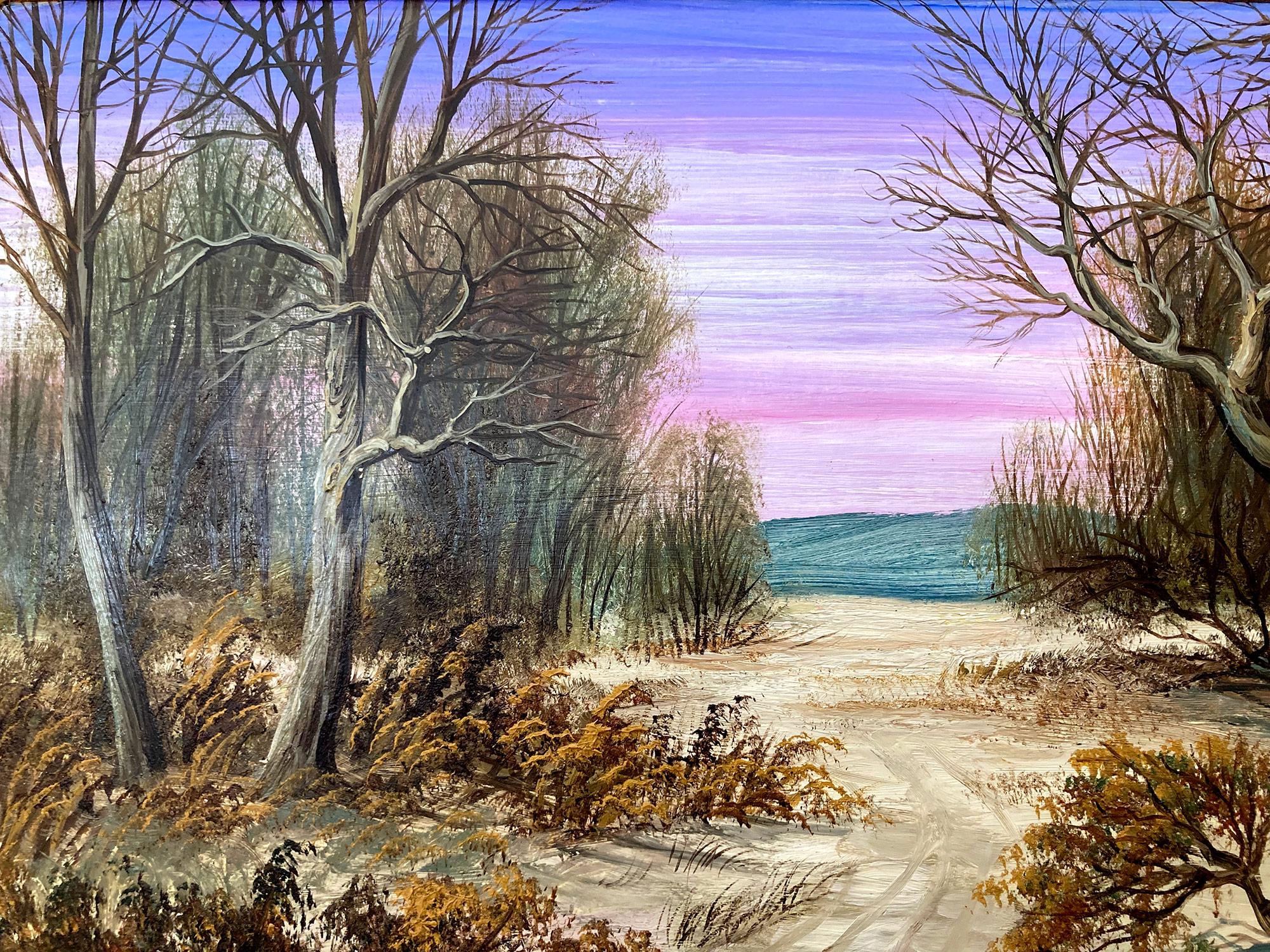 A fine depiction of a winter season by Palisade Mountain during twilight. For this wonderful depiction, Nemethy uses a fine technique which depicts the landscape and the pathway in a miniature way. With joyful colors, this piece is bright and