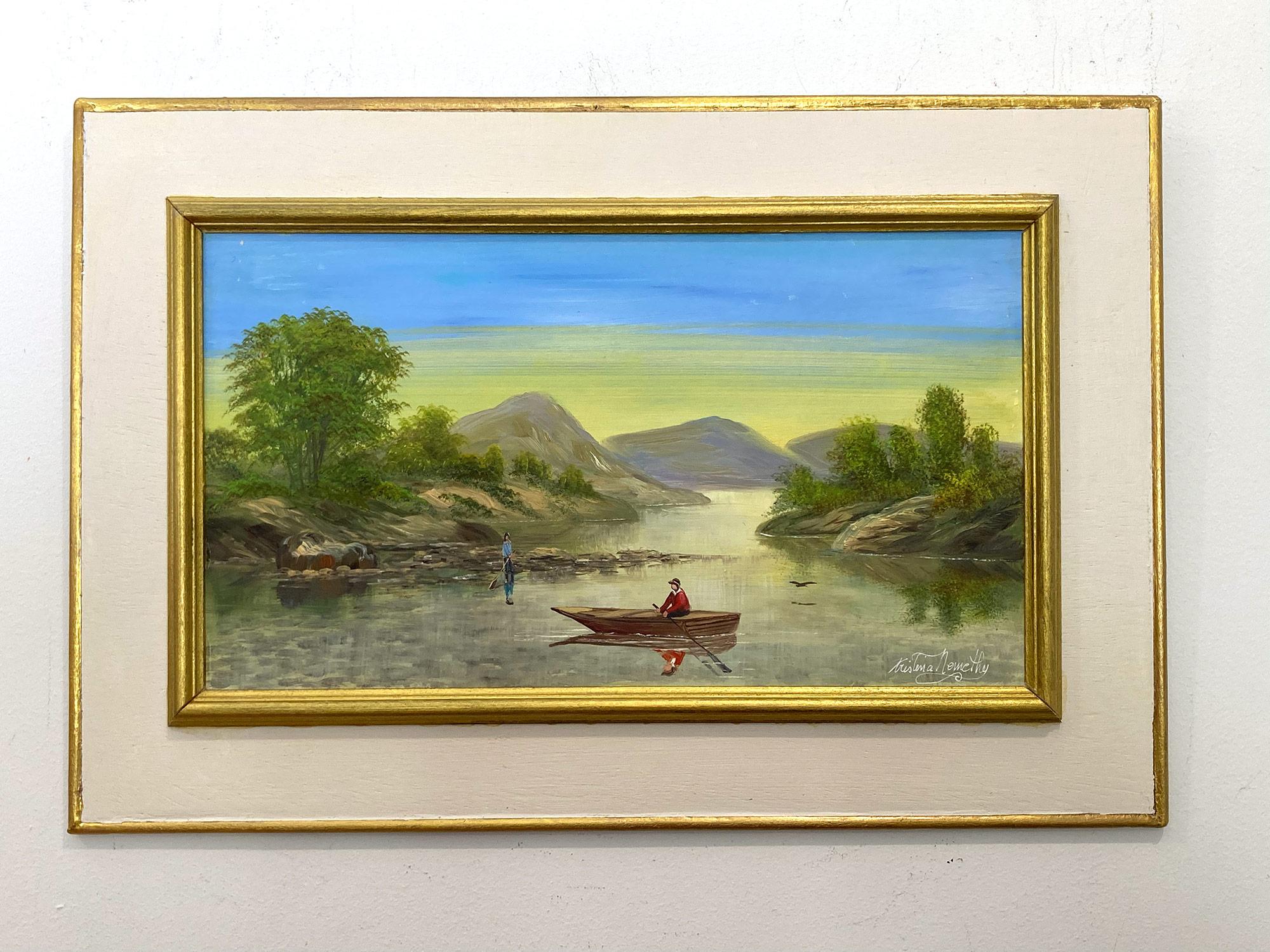 Peinture à l'huile américaine sur panneau « Rowing on the Lake » représentant des personnages sur un lac en vente 6