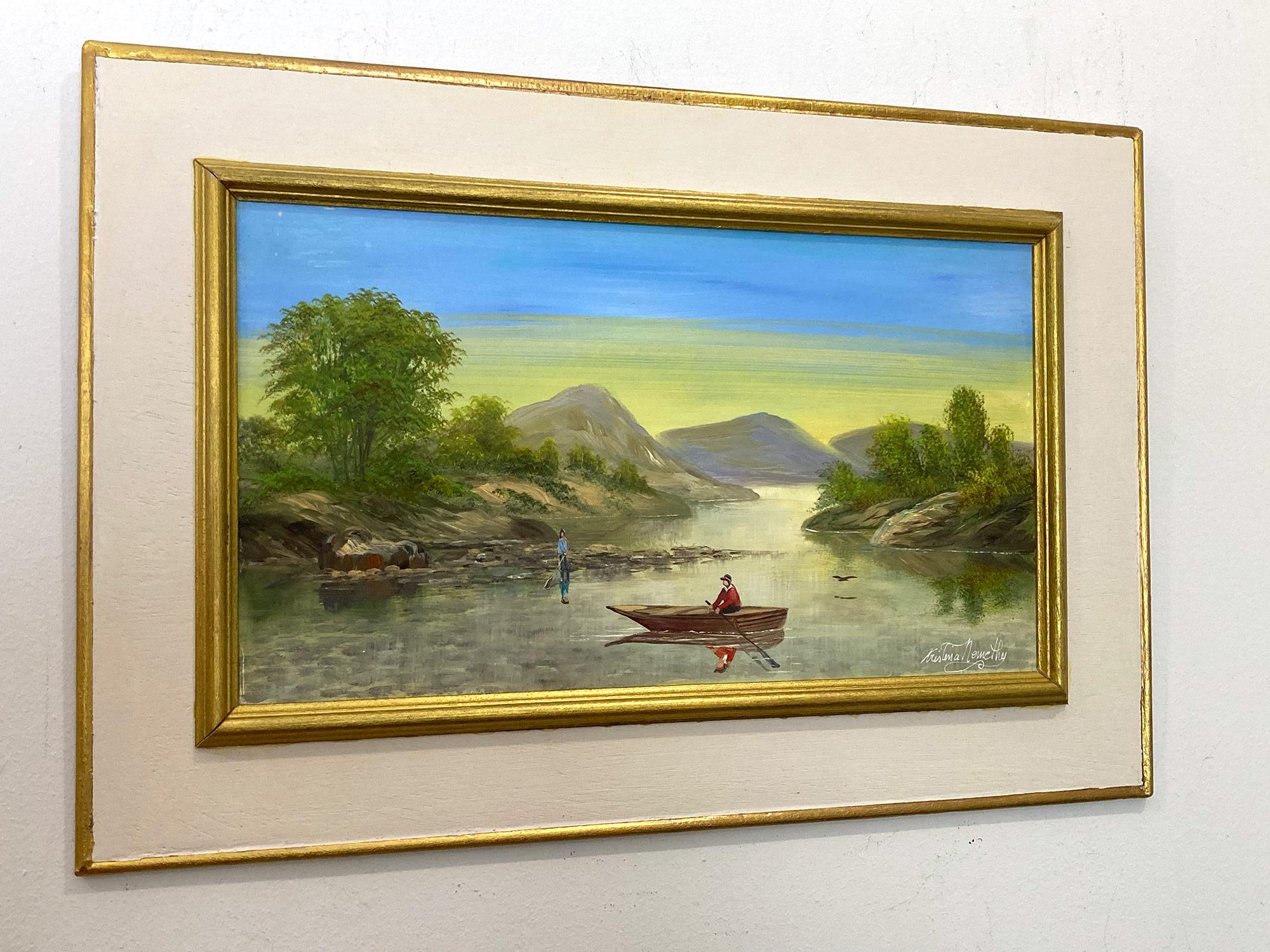Peinture à l'huile américaine sur panneau « Rowing on the Lake » représentant des personnages sur un lac en vente 7