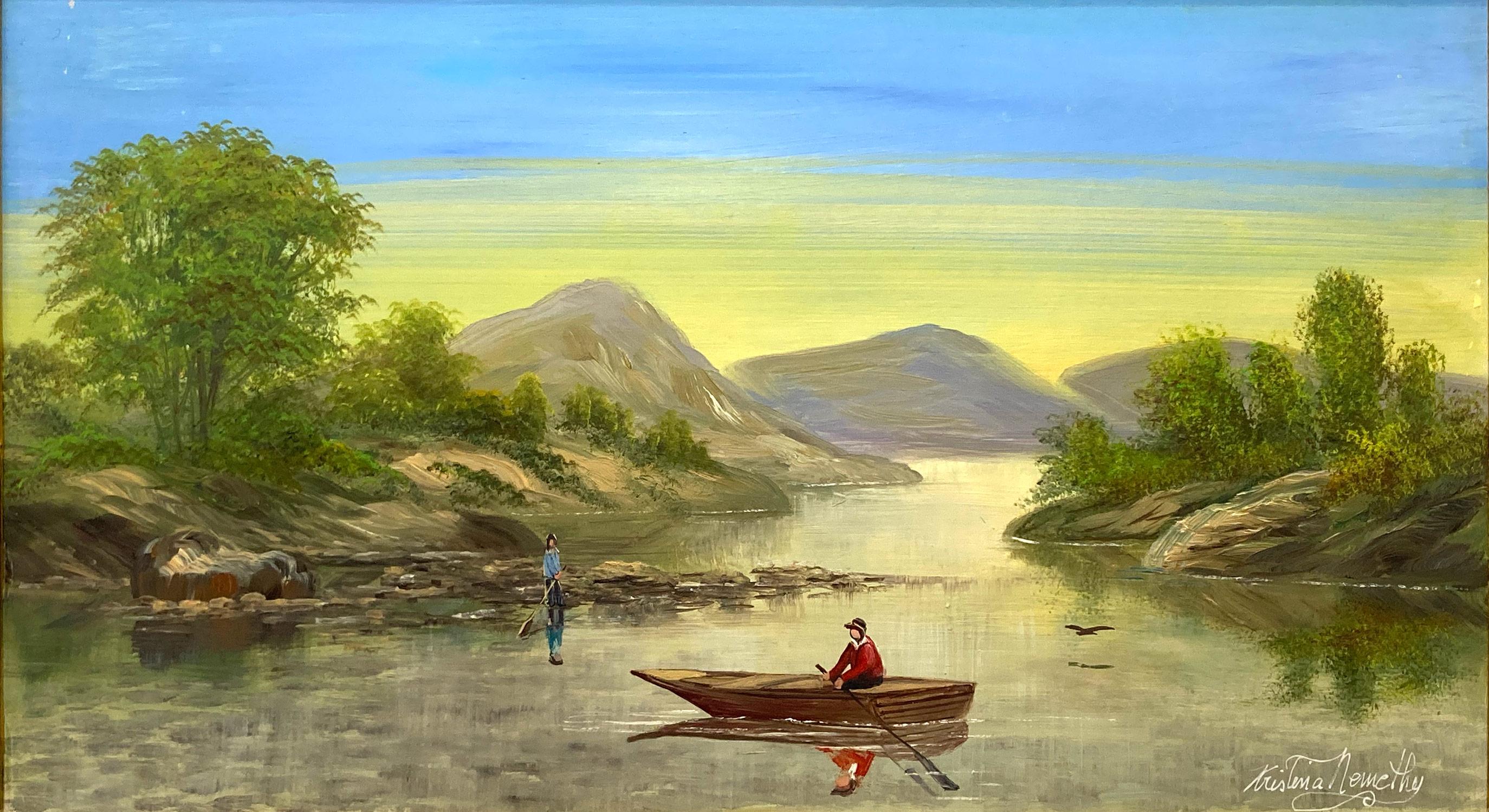 „Rowing on the Lake“ Amerikanisches Ölgemälde auf Karton mit Figuren am See – Painting von Kristina Nemethy