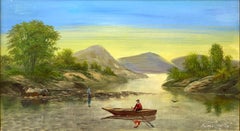 "Rowing on the Lake" American Oil Painting on Board of Figures on the Lake